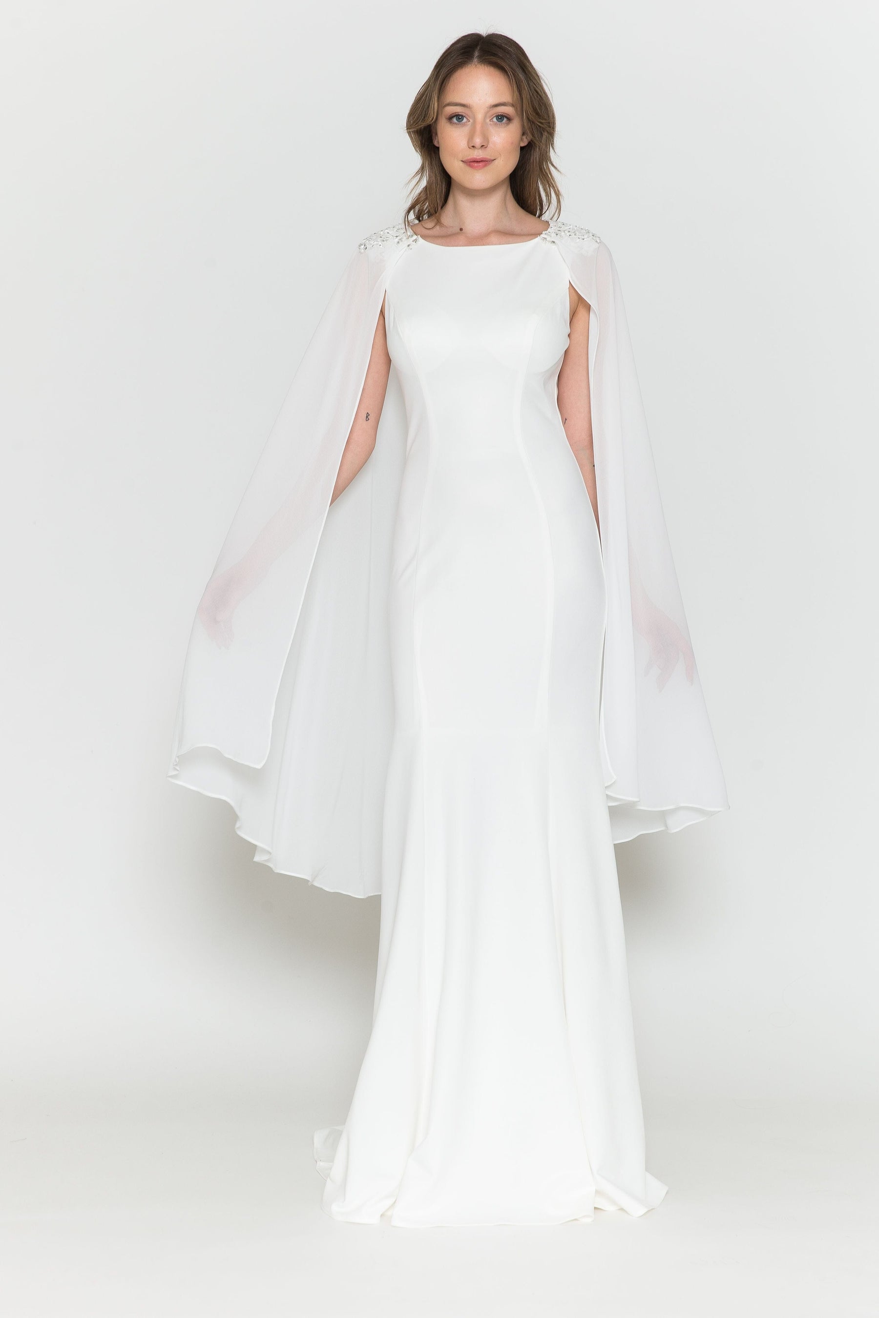 Off White Round Neck Floor-Length Heavy Jersey Wedding Gown with Detachable Chiffon Cape Poly USA 8566