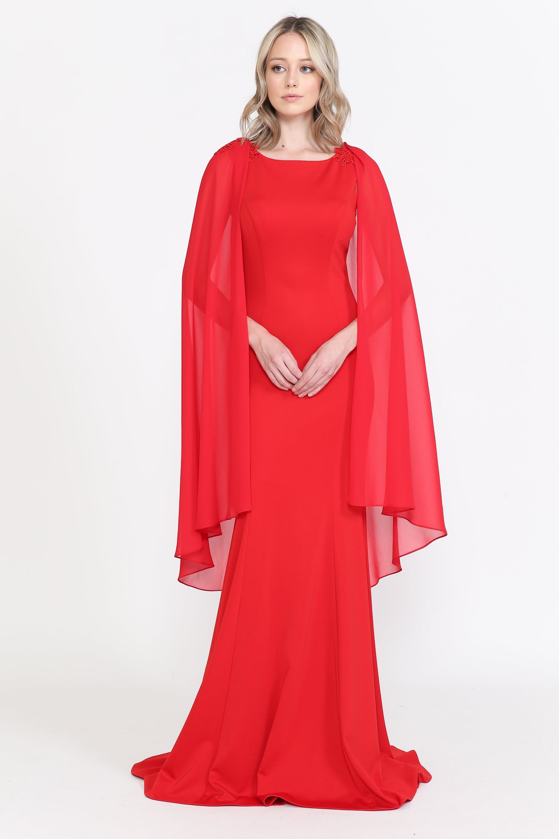 Red Round Neck Floor-Length Heavy Jersey Formal Gown with Detachable Chiffon Cape Poly USA 8566