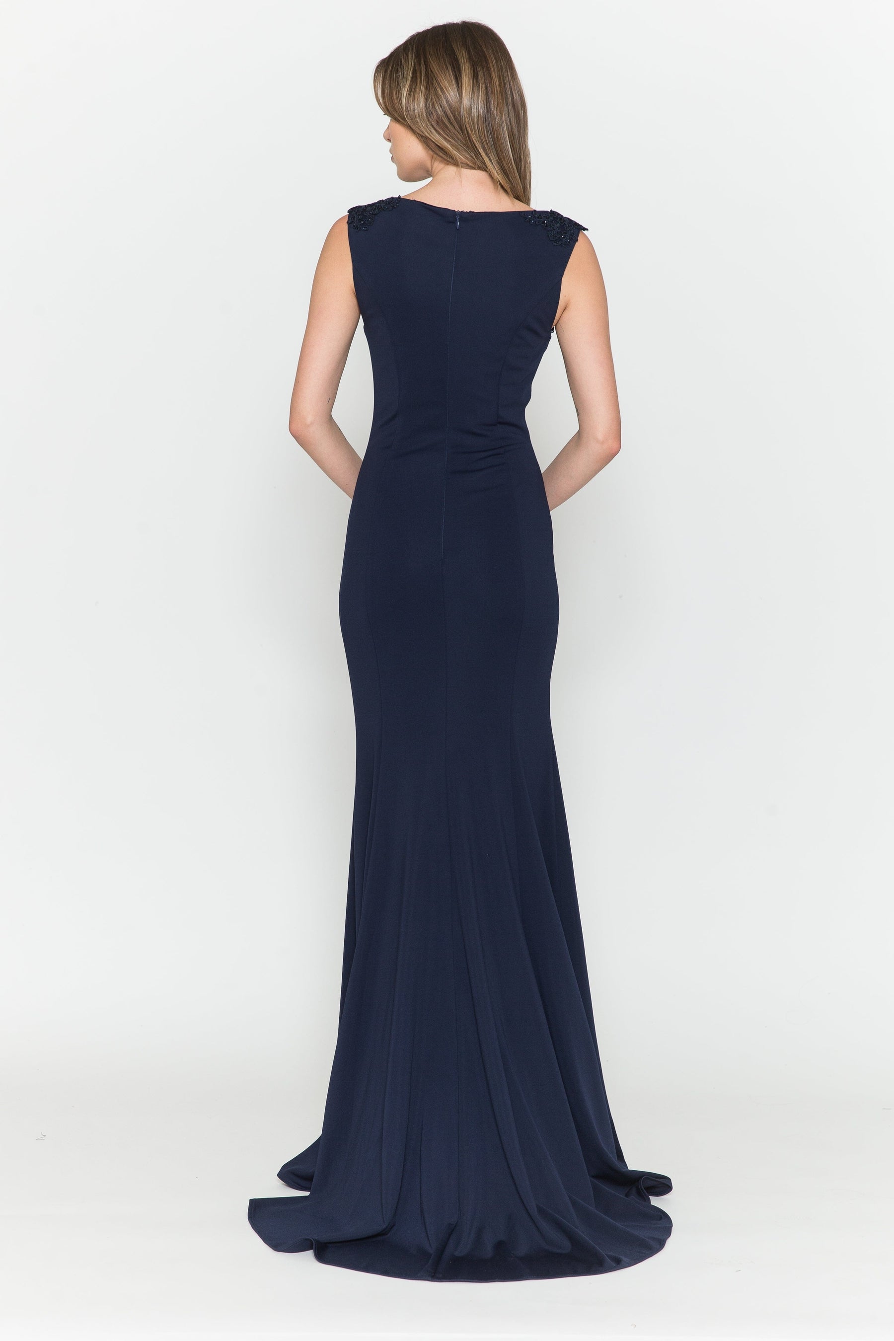 Navy Round Neck Floor-Length Heavy Jersey Formal Gown with Detachable Chiffon Cape Poly USA 8566