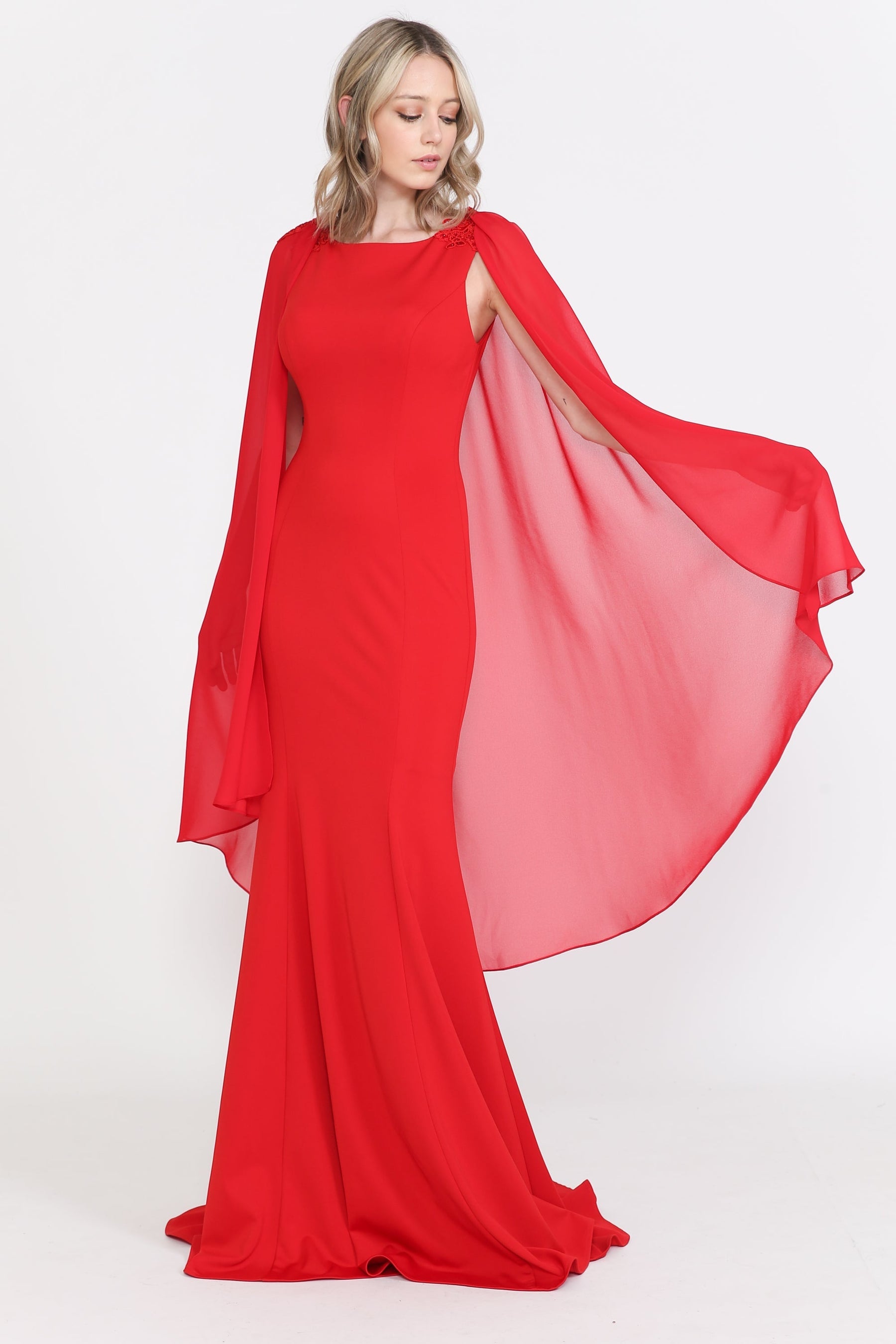 Red Round Neck Floor-Length Heavy Jersey Formal Gown with Detachable Chiffon Cape Poly USA 8566