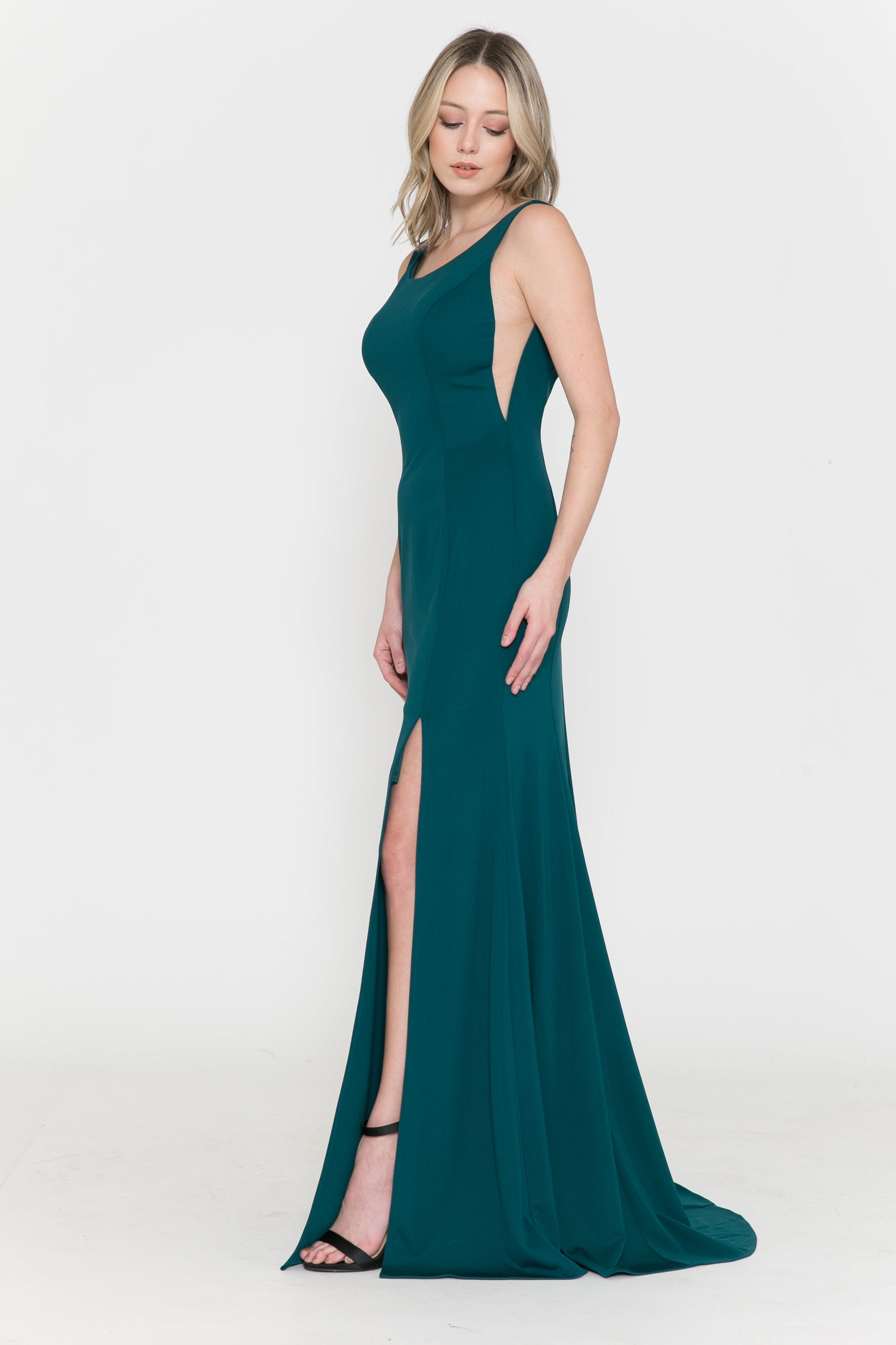 Green Scoop Neck Floor-Length Heavy Jersey Formal Gown with Side Slit Poly USA 8168