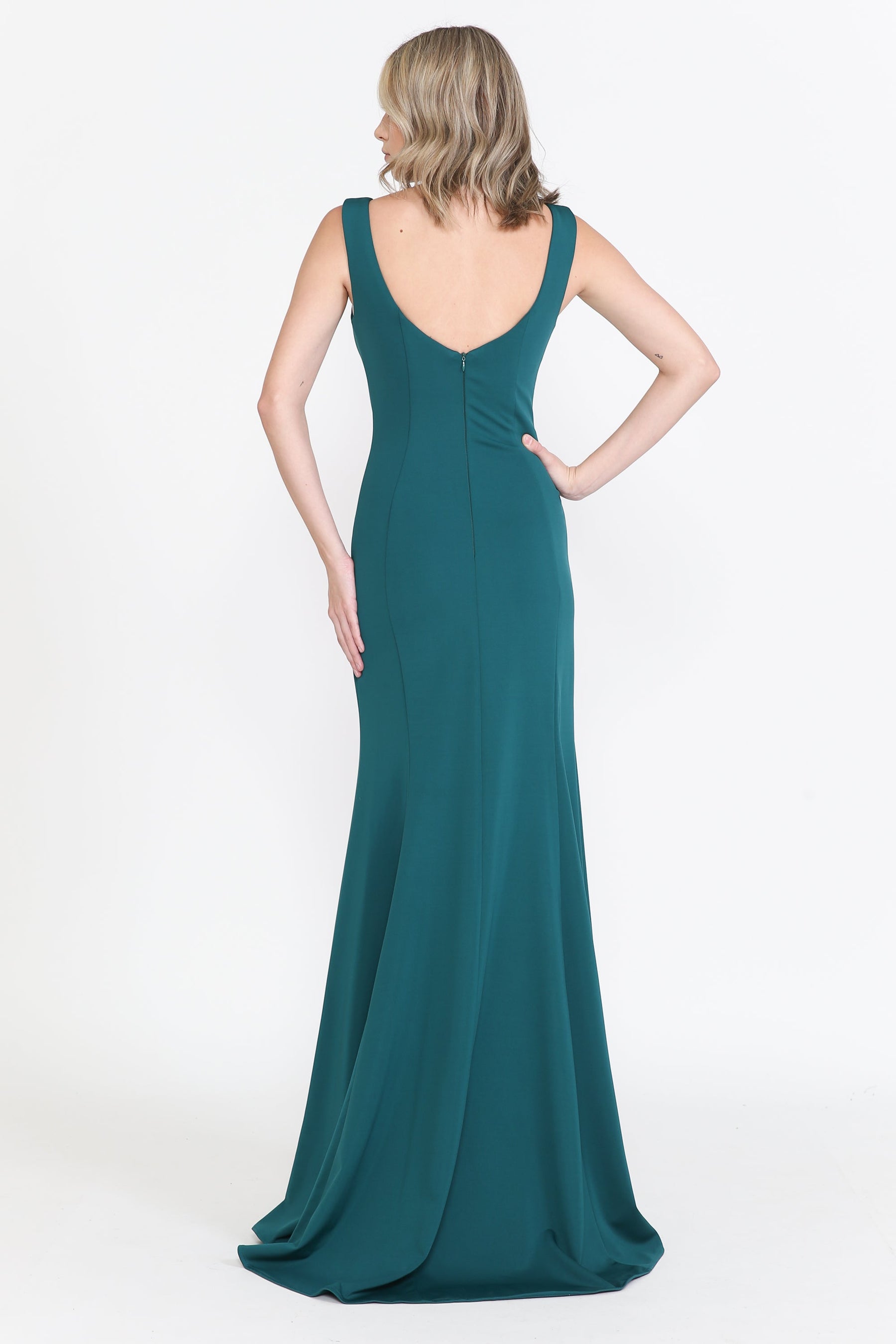 Green V-Neck Floor-Length Jersey Prom Gown with Sheer Side Poly USA 8152
