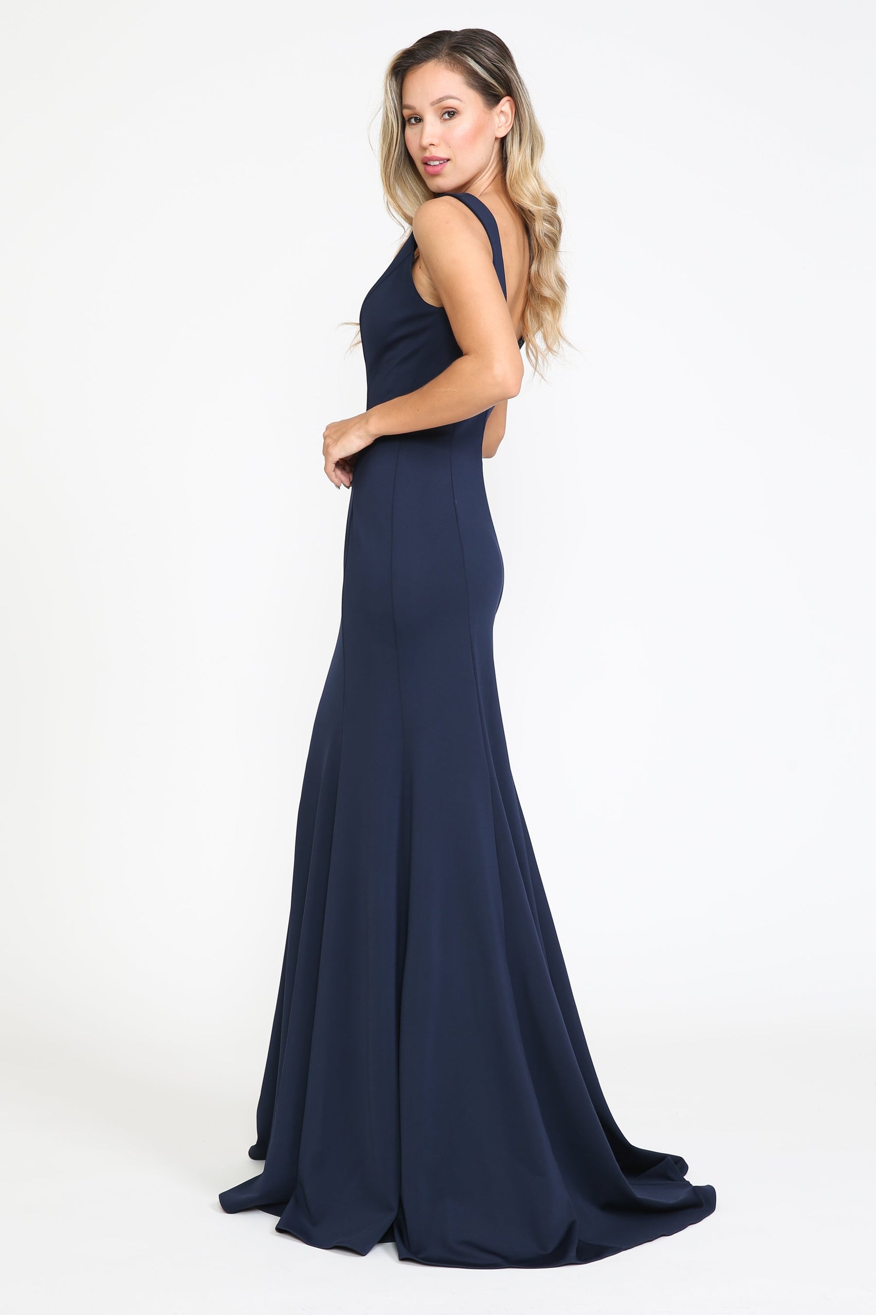 Navy V-Neck Floor-Length Jersey Prom Gown with Sheer Side Poly USA 8152