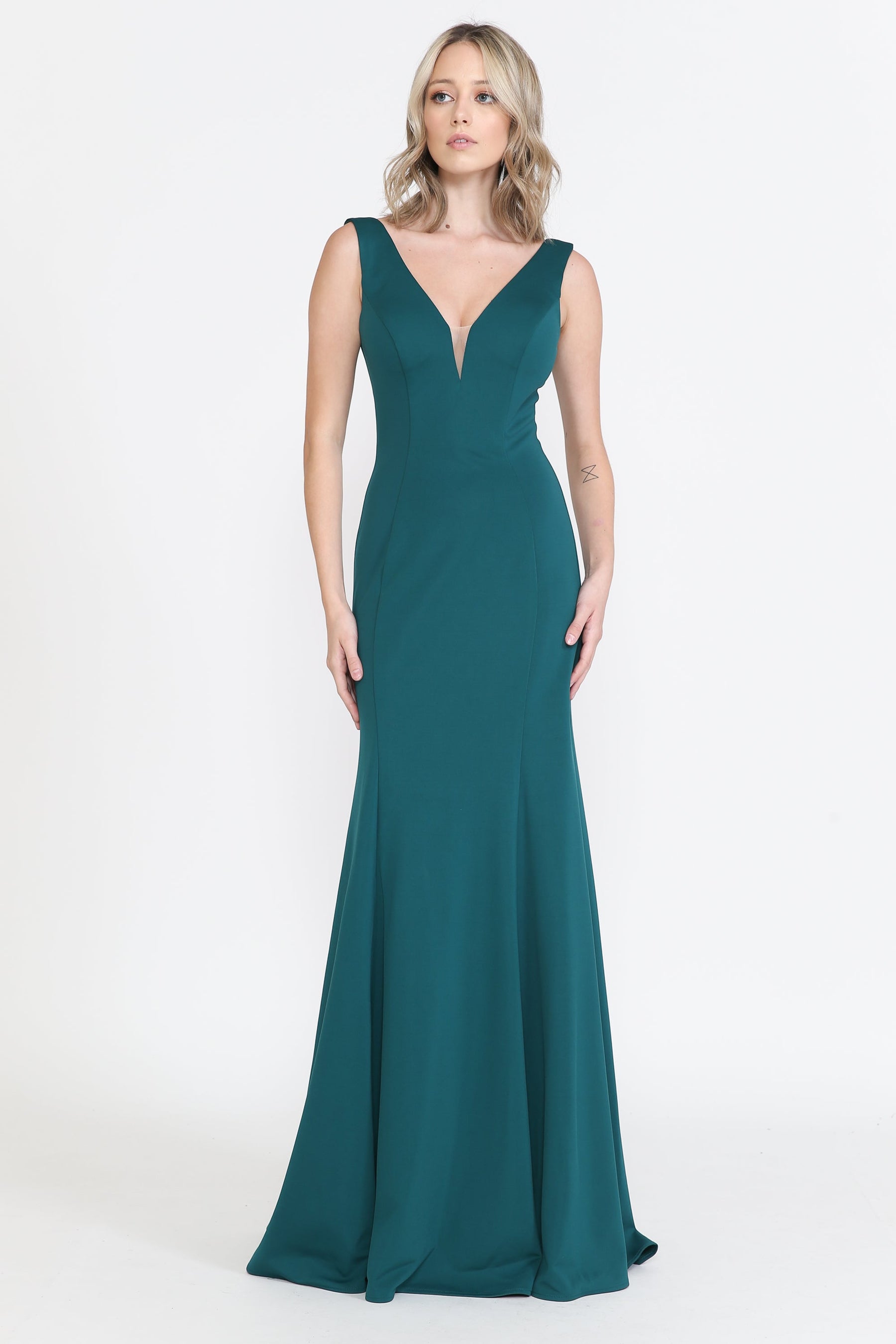 Green V-Neck Floor-Length Jersey Prom Gown with Sheer Side Poly USA 8152