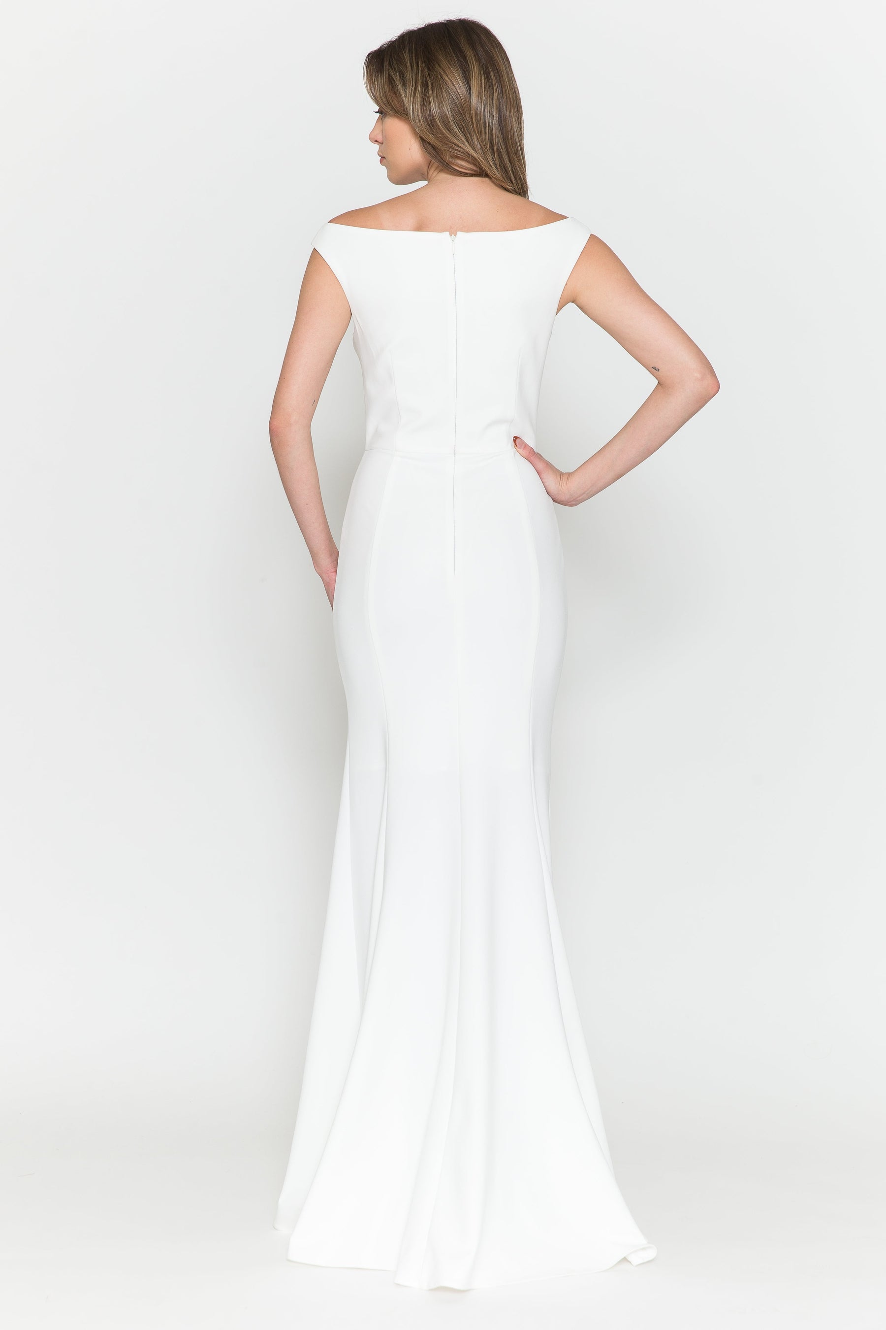 Off White Off-the-Shoulder Floor-Length Heavy Jersey Wedding Gown with Side Leg Slit Poly USA 8724