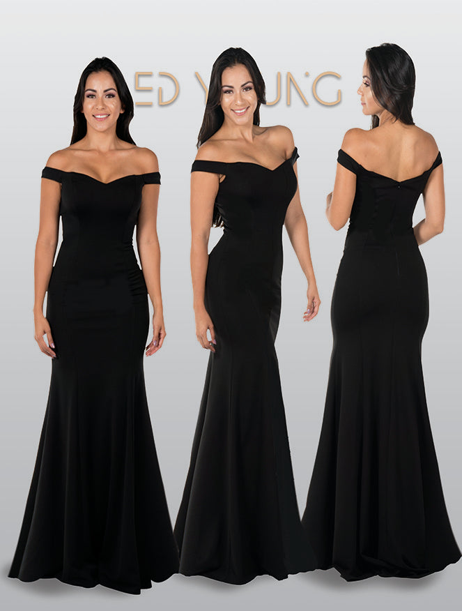 Black Off-the-Shoulder Floor-Length Heavy Jersey Prom Gown with Side Slit Poly USA 8160
