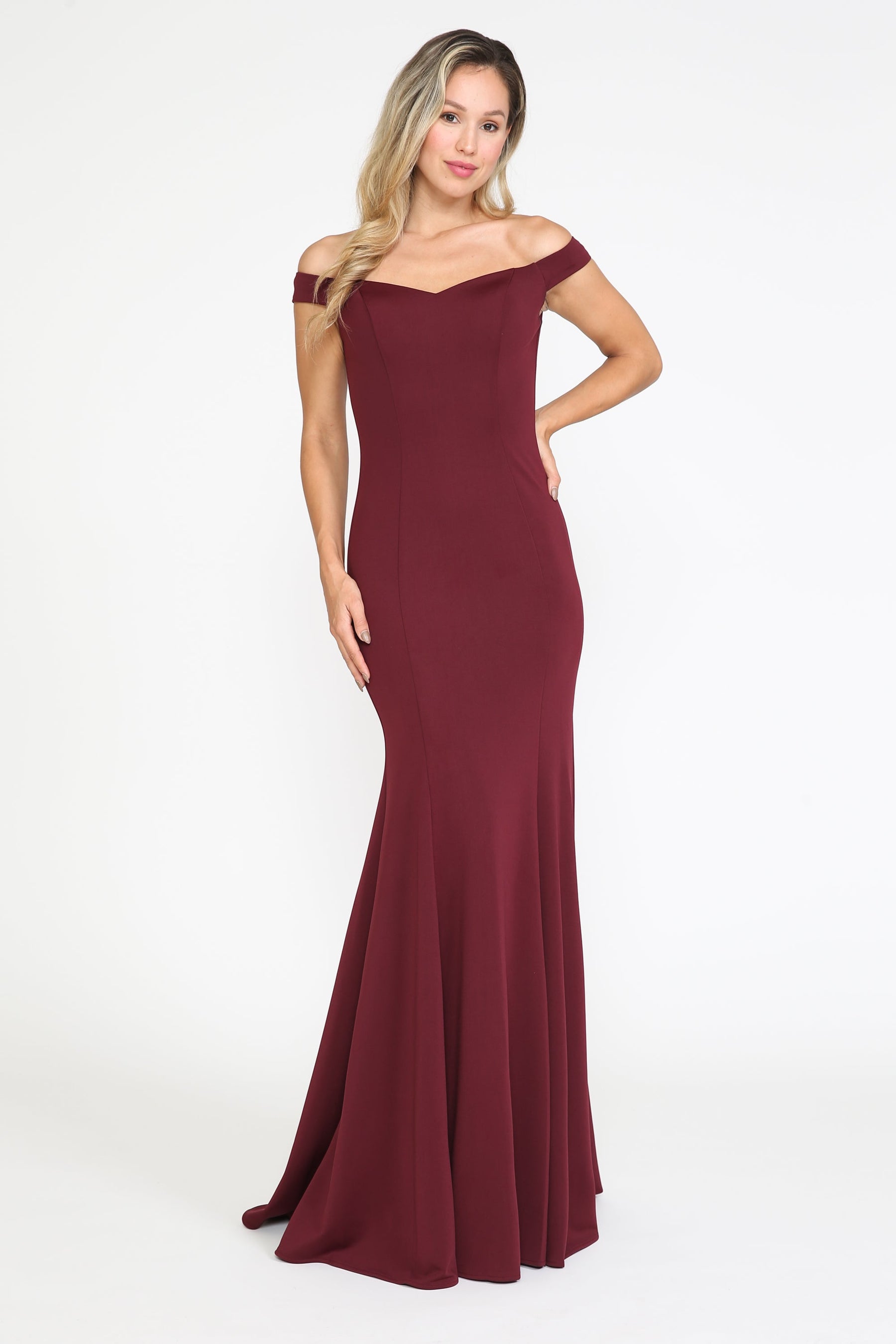 Burgundy Off-the-Shoulder Floor-Length Heavy Jersey Prom Gown with Side Slit Poly USA 8160