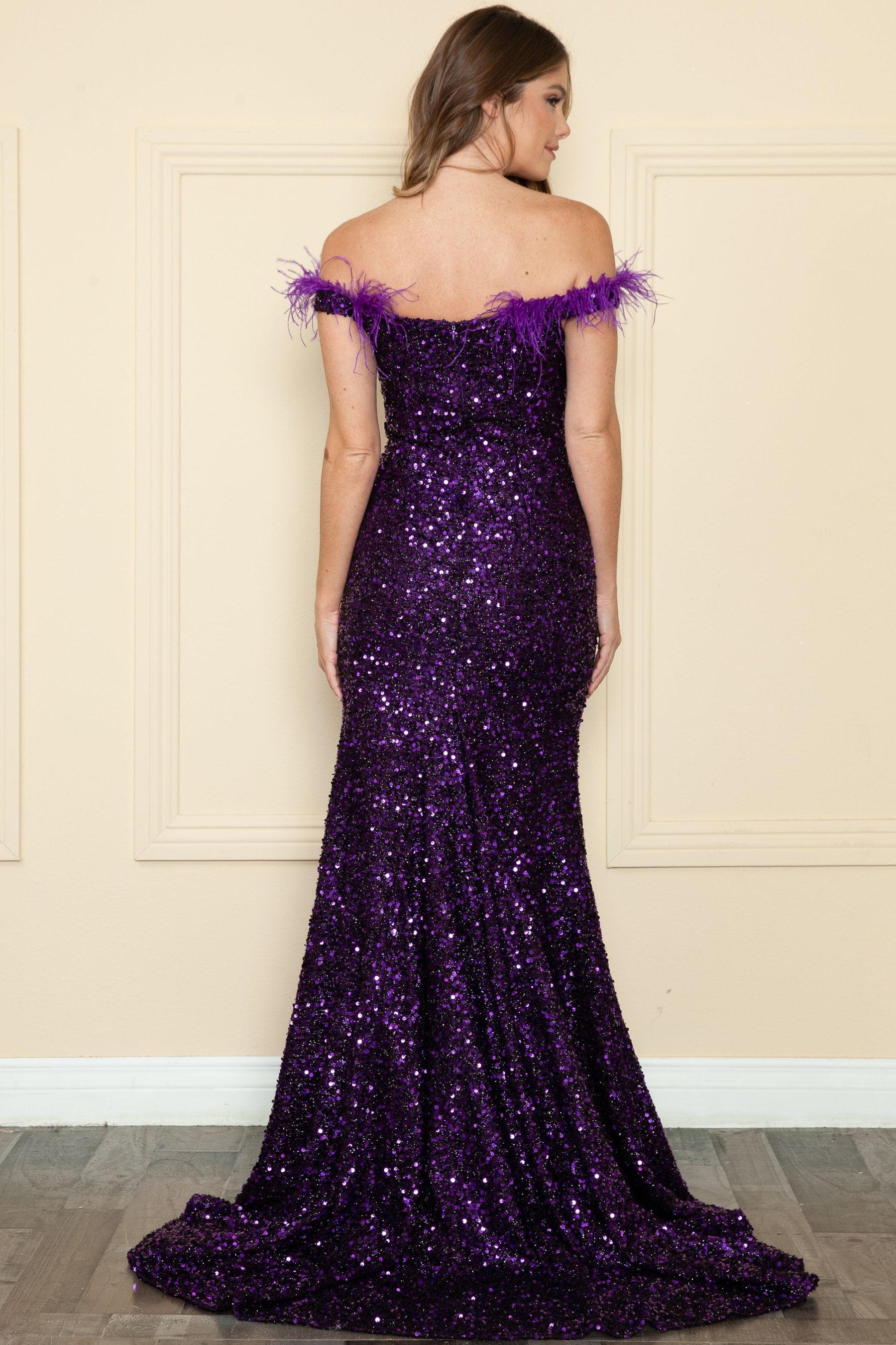 Purple Off the Shoulder Floor Length Velvet Prom Dress with Feather Trim Formal Gown Poly USA 8980