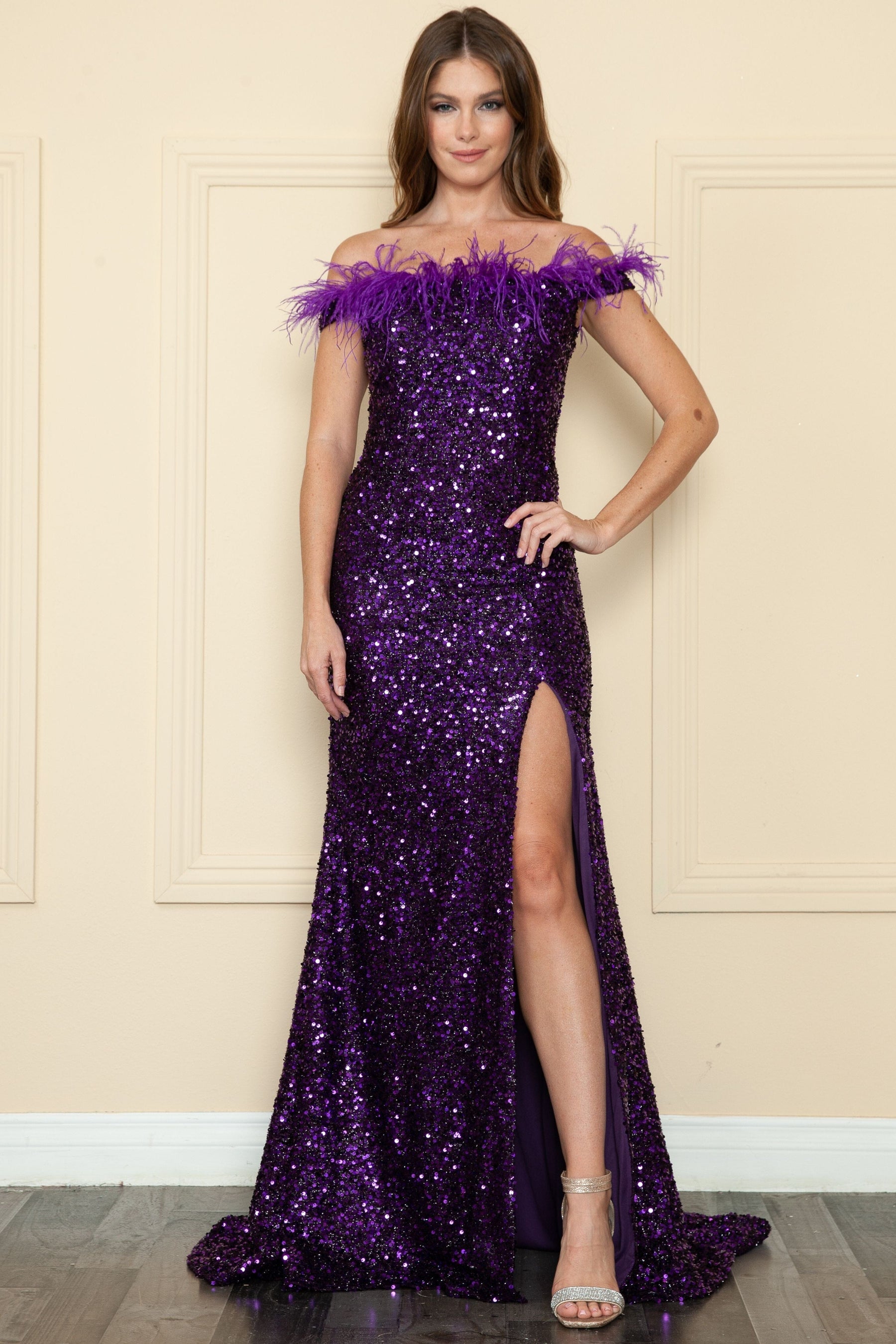 Purple Off the Shoulder Floor Length Velvet Prom Dress with Feather Trim Formal Gown Poly USA 8980