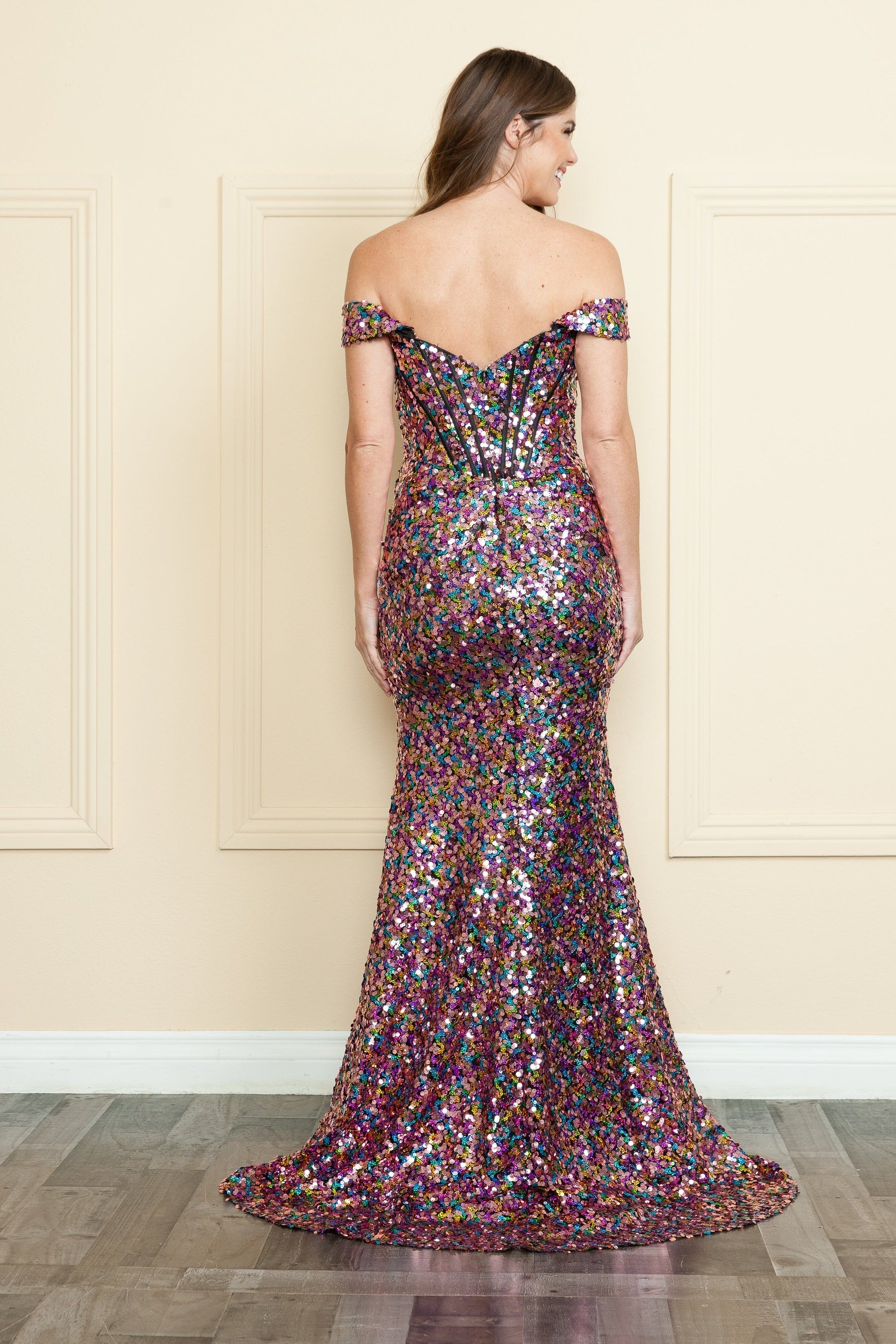 Black/Multi Off the Shoulder Floor Length Sequin Prom Gown with High Slit Formal Gown Poly USA 9150