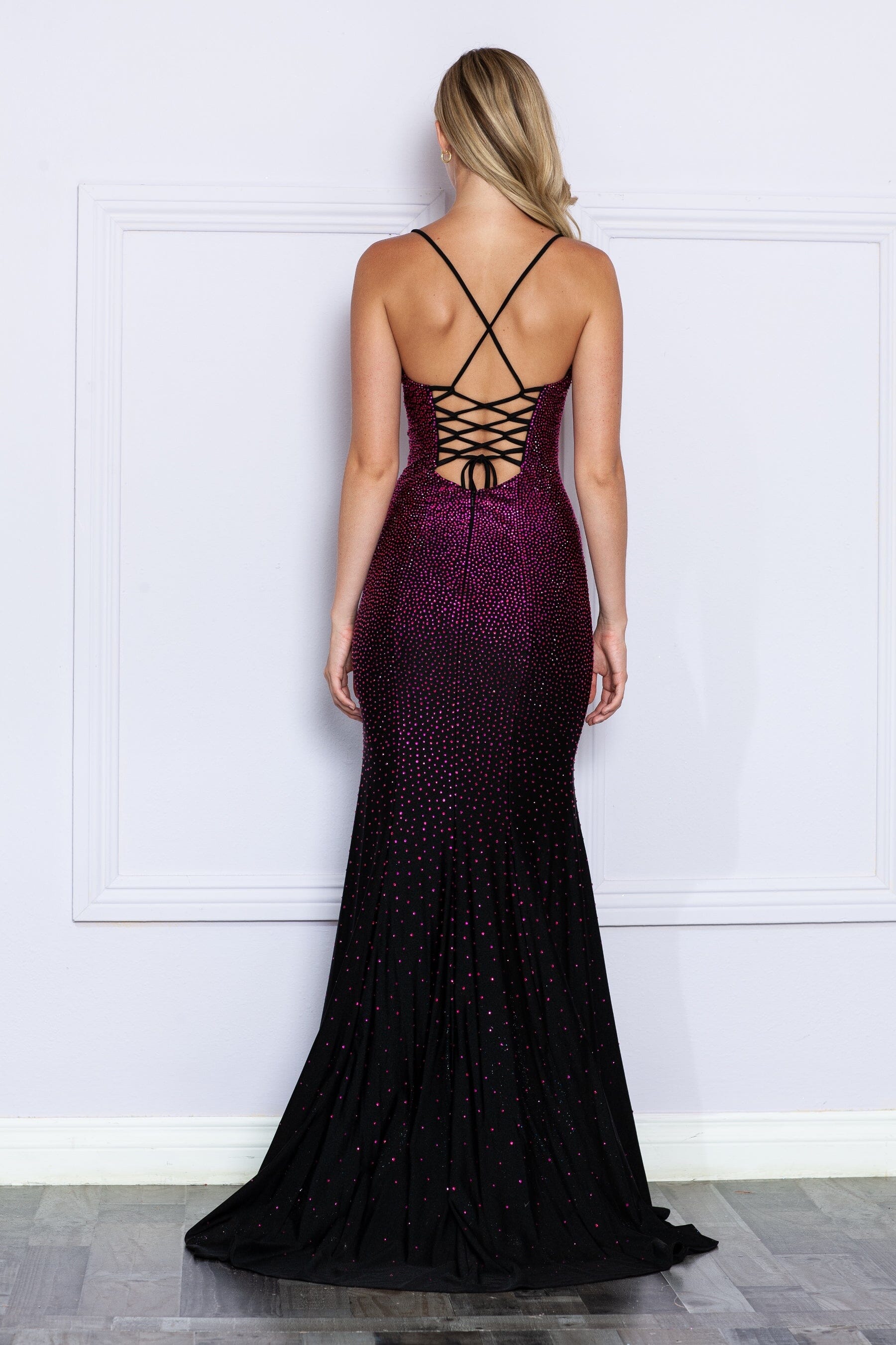 Black/Hot Pink Fitted Rhinestone Deep V-Neck Gown with Side Leg Slit Formal Gown Poly USA 8892