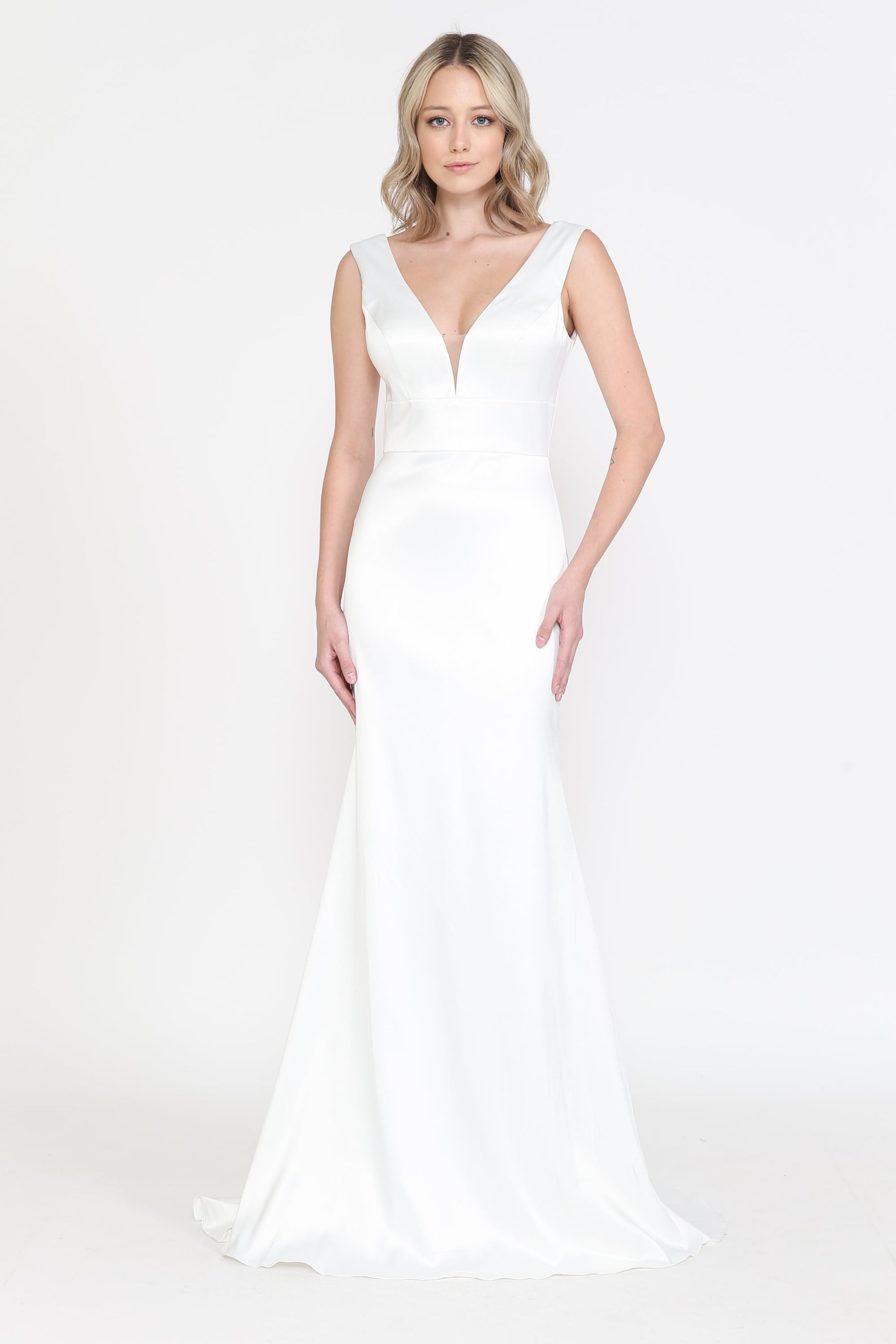 Off White V Neck Floor Length Satin Wedding Gown with Sweep Train Open Back Dress Poly USA 8502