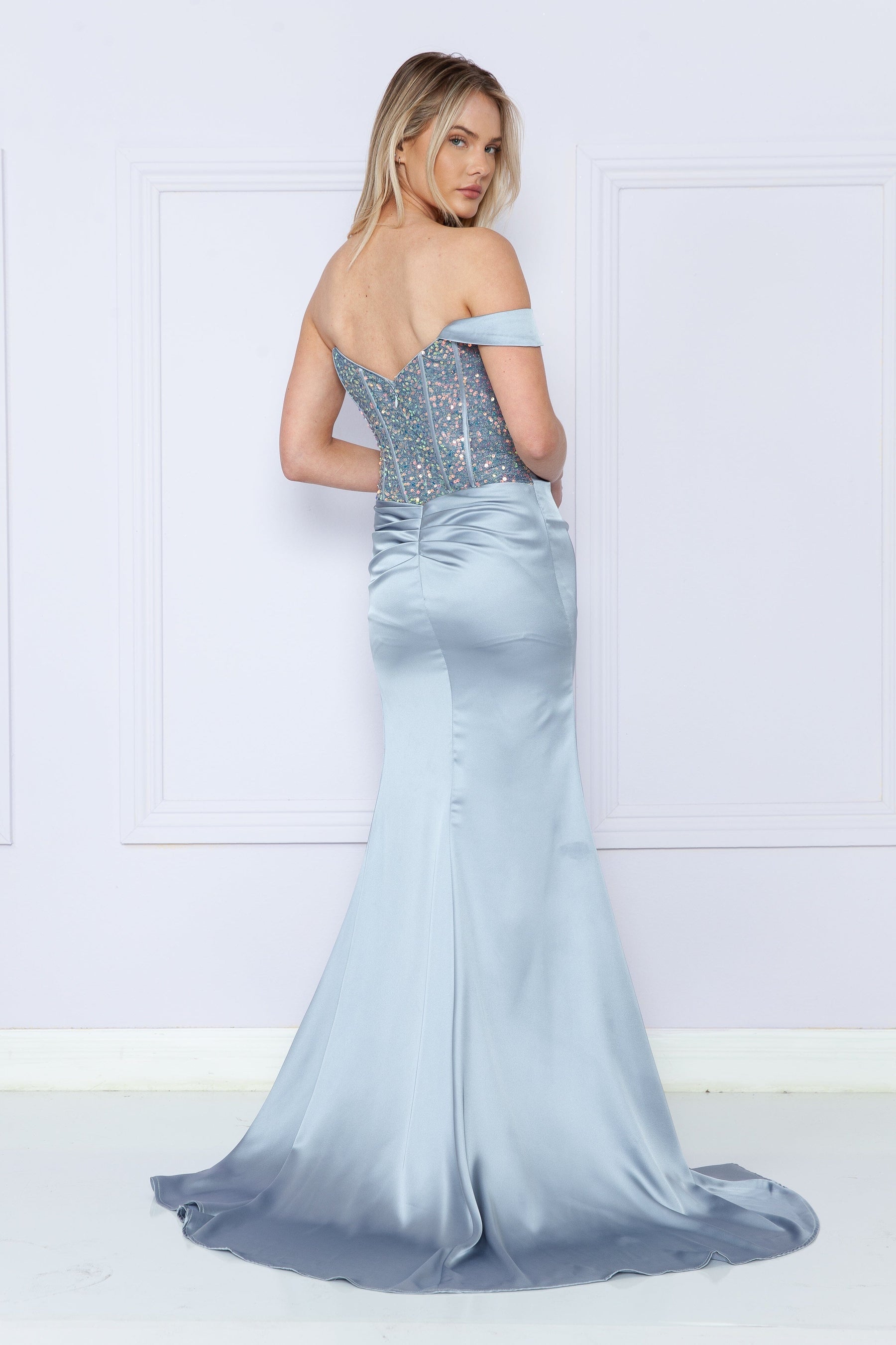 Silver Off the Shoulder Floor Length Satin Sequin Prom Dress with High Slit Formal Gown Poly USA 9178