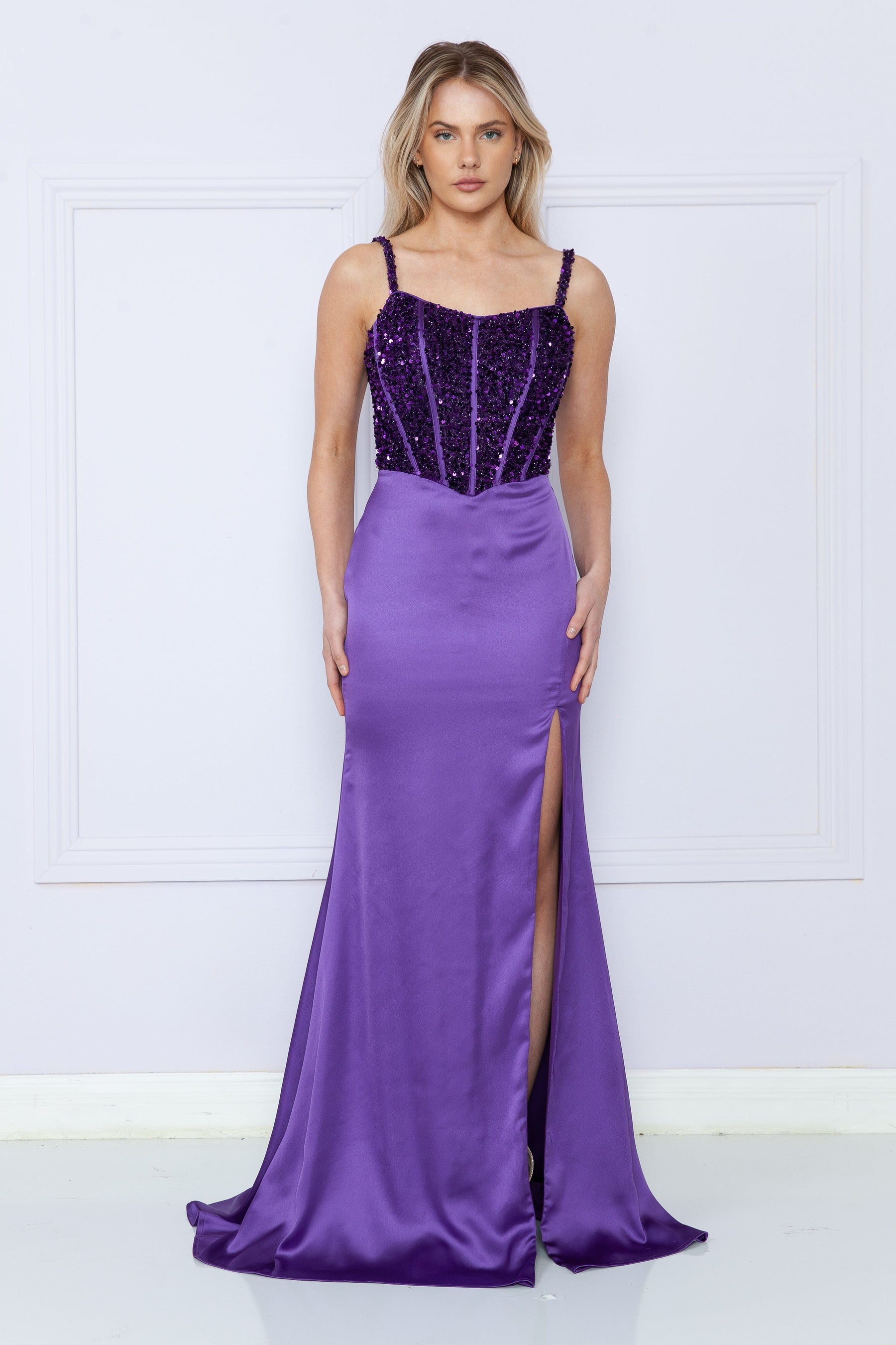 Purple Scoop Floor Length Satin Sequin Prom Dress with Corset Bodice Formal Gown Poly USA 9176