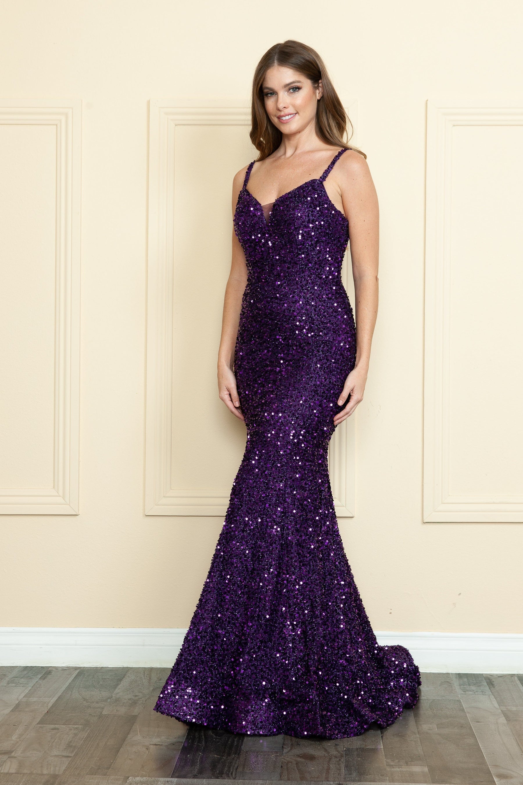 Purple Sweetheart Floor-Length Sequin Velvet Prom Gown with Fitted Mermaid Skirt Formal Gown Poly USA 9002