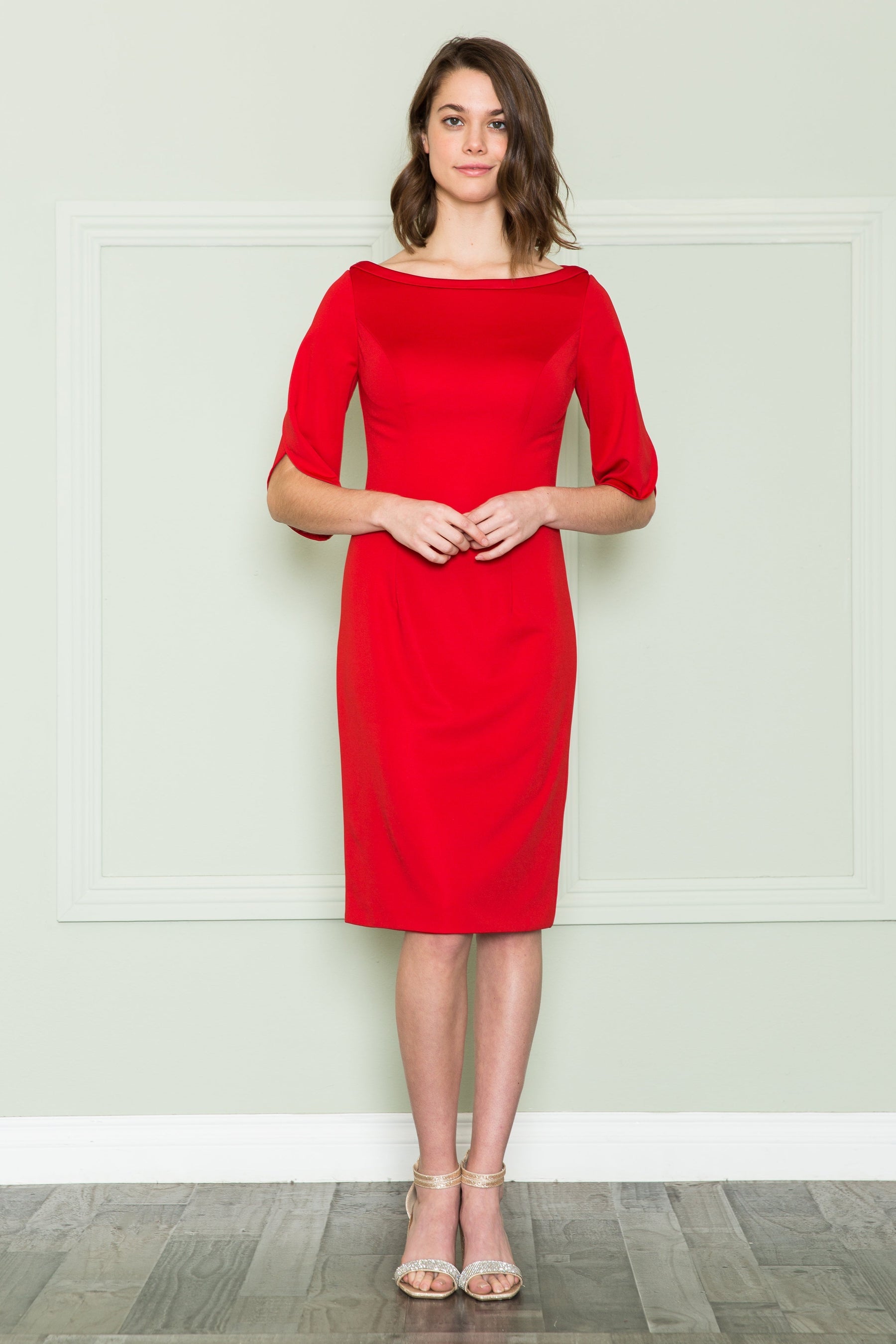 Red Bateau Knee-Length Crepe Cocktail Sheath Dress with Flutter Sleeves Poly USA 8772