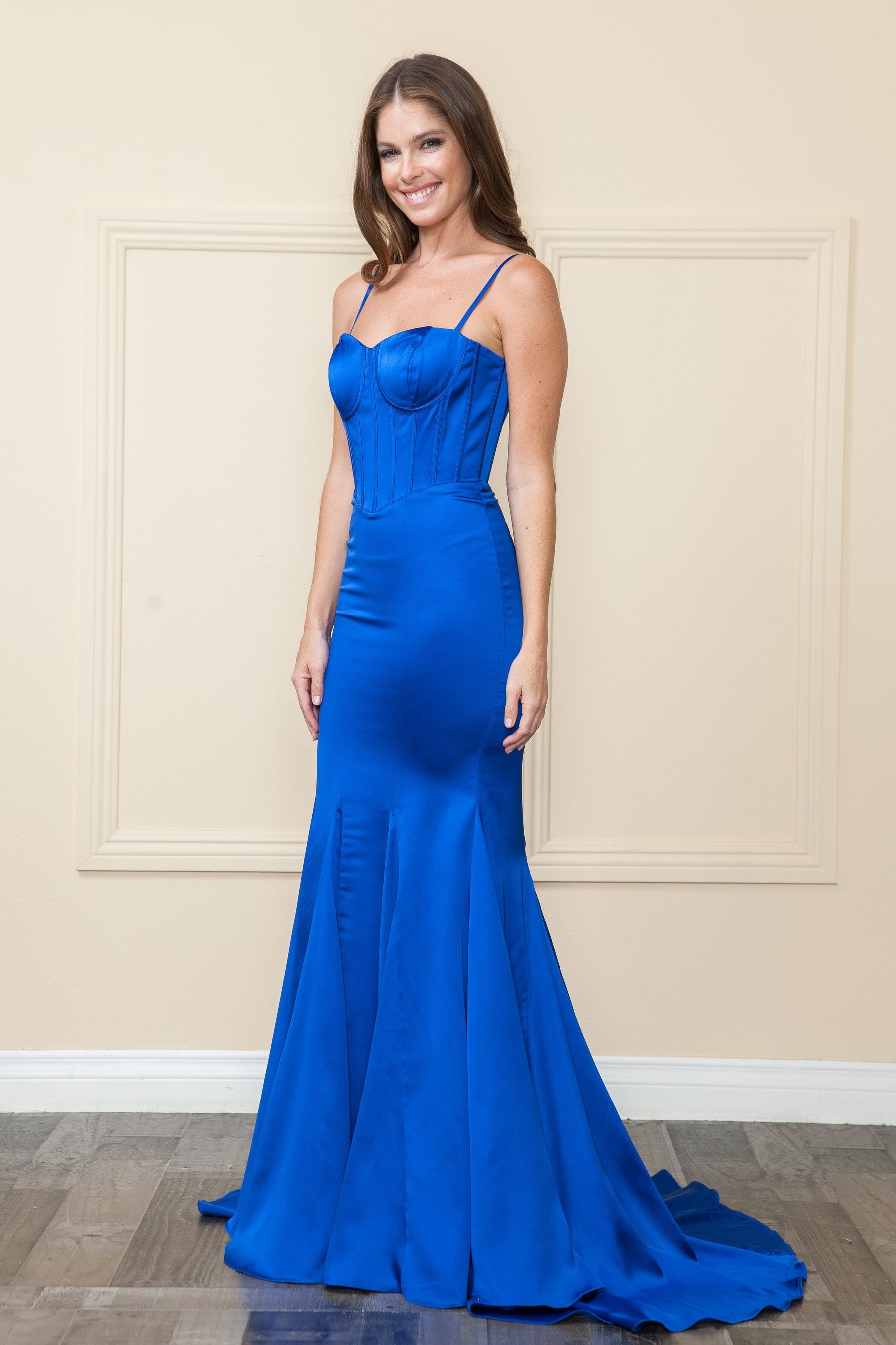 Royal Sweetheart Floor Length Charmeuse Prom Dress with Corset Bodice Formal Gown Poly USA 9008