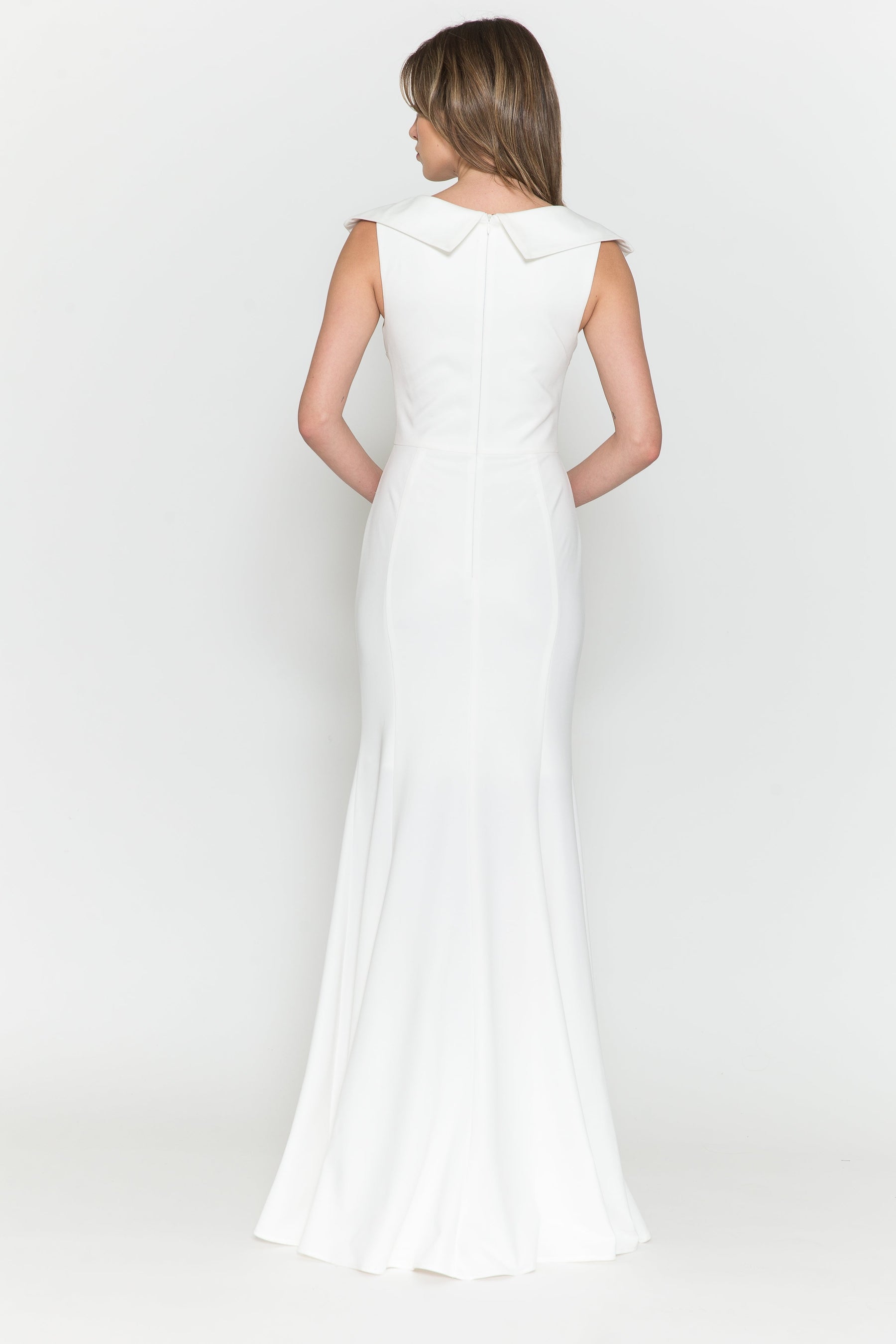 Off White V Neck Floor Length Satin Wedding Gown with Sweep Train Button Up Back Dress Poly USA 8726