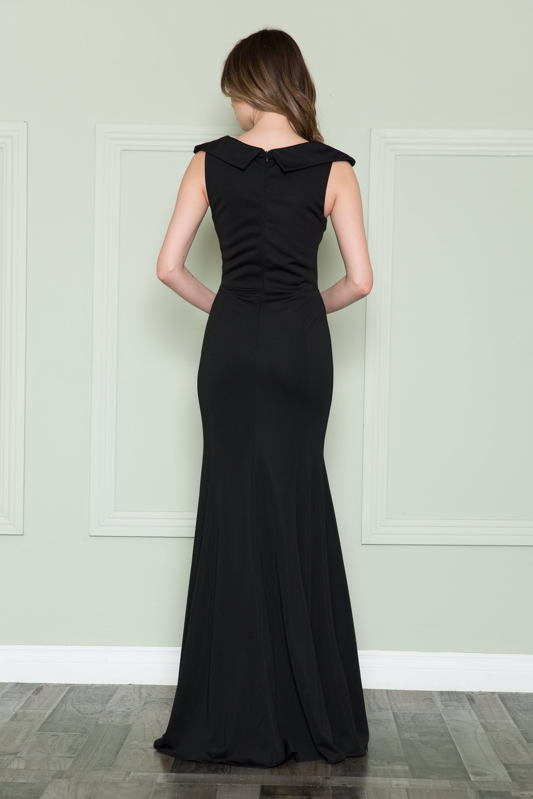 Black V Neck Floor Length Satin Formal Dress with Cap Sleeves Poly USA 8726