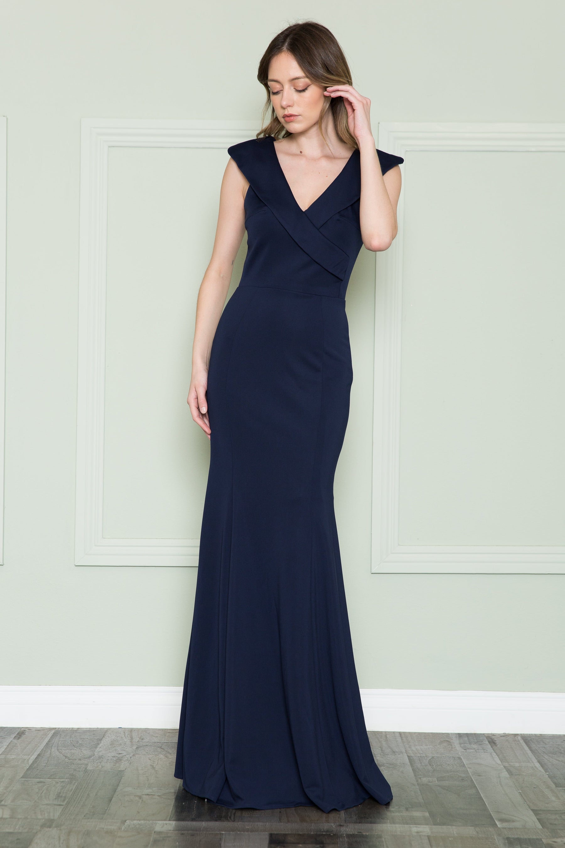 Navy V Neck Floor Length Satin Formal Dress with Cap Sleeves Poly USA 8726
