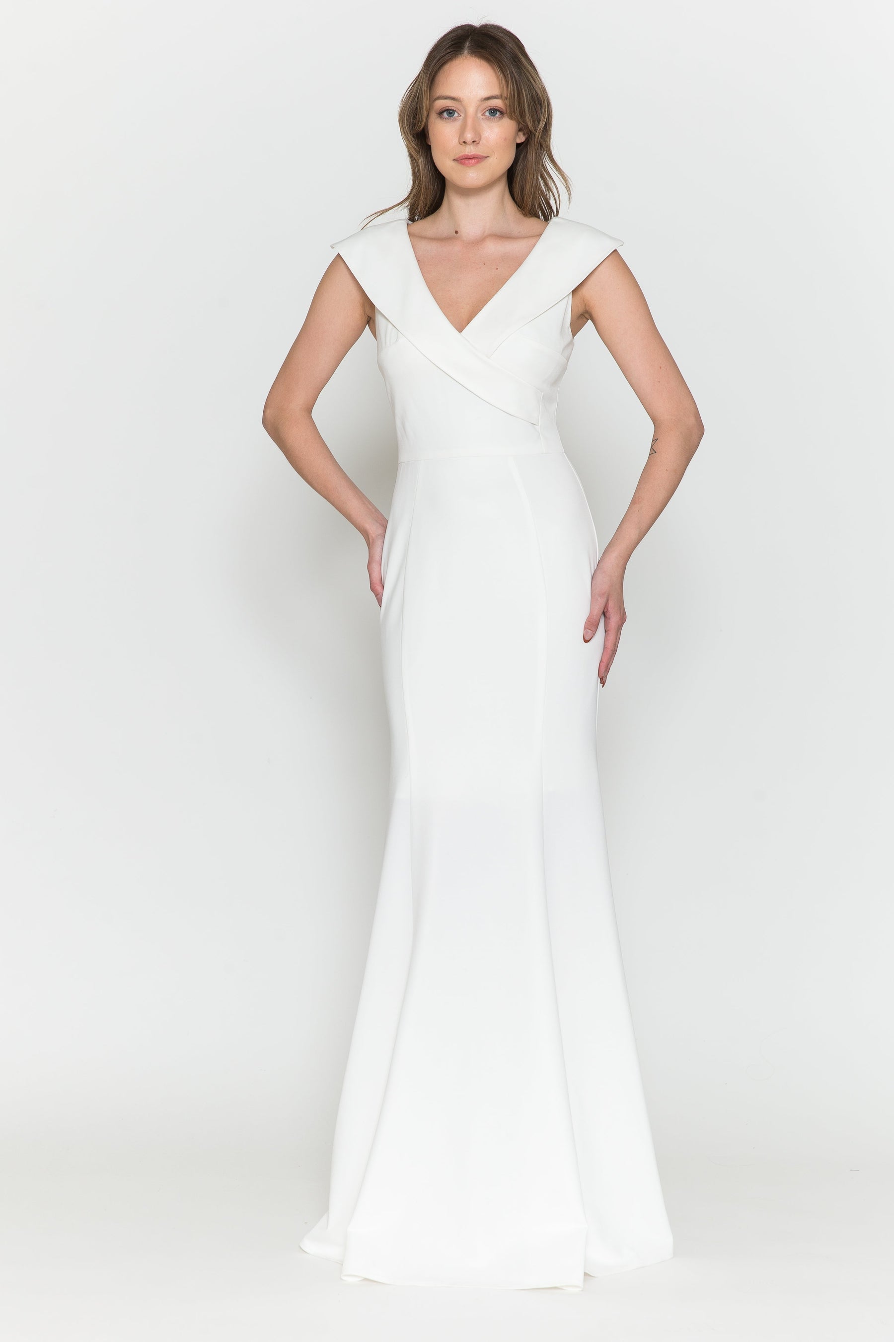 Off White V Neck Floor Length Satin Wedding Gown with Sweep Train Button Up Back Dress Poly USA 8726