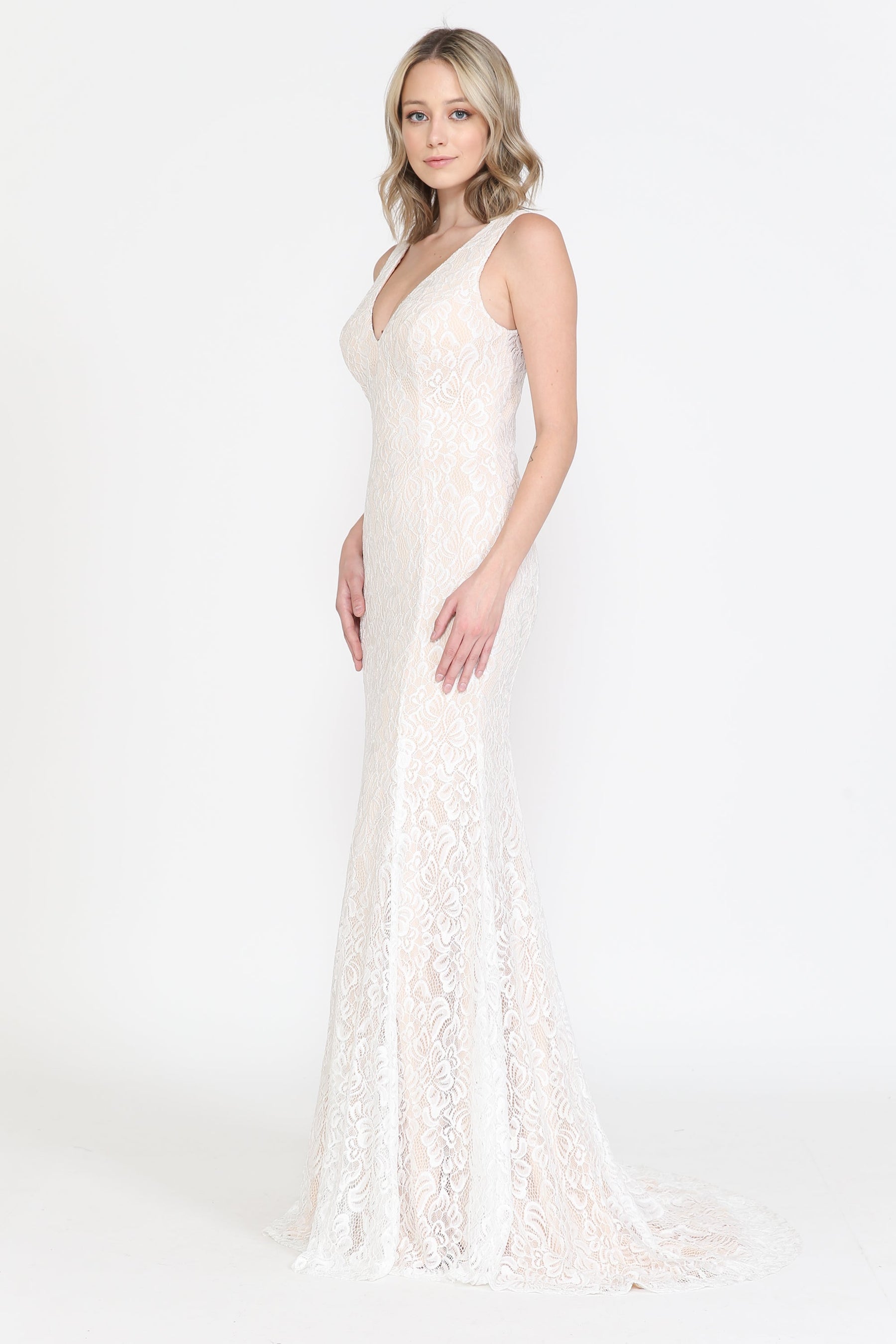 Off White/Nude V Neck Floor Length Lace Wedding Gown with Sweep Train Button Up Back Dress Poly USA 8496