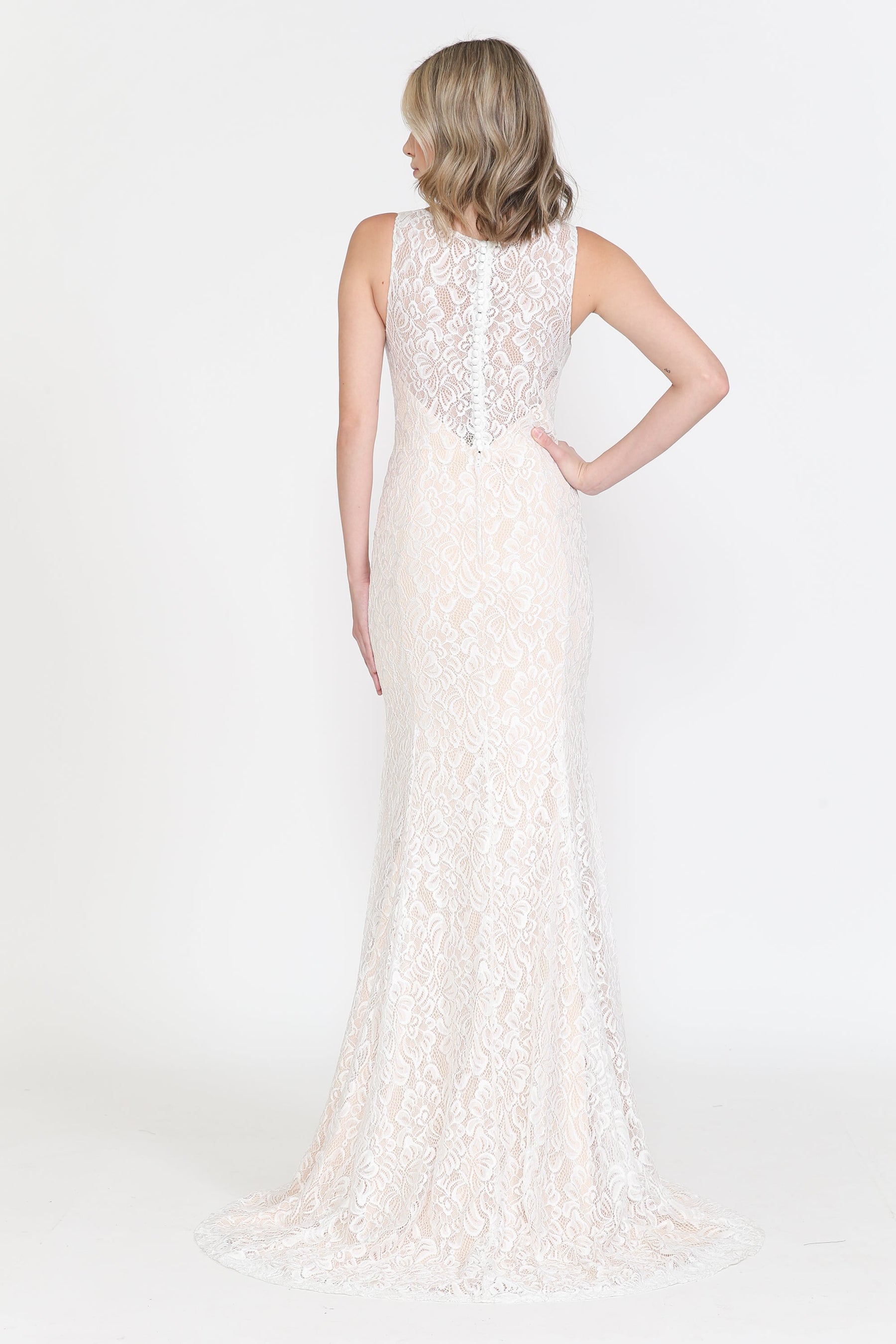 Off White/Nude V Neck Floor Length Lace Wedding Gown with Sweep Train Button Up Back Dress Poly USA 8496