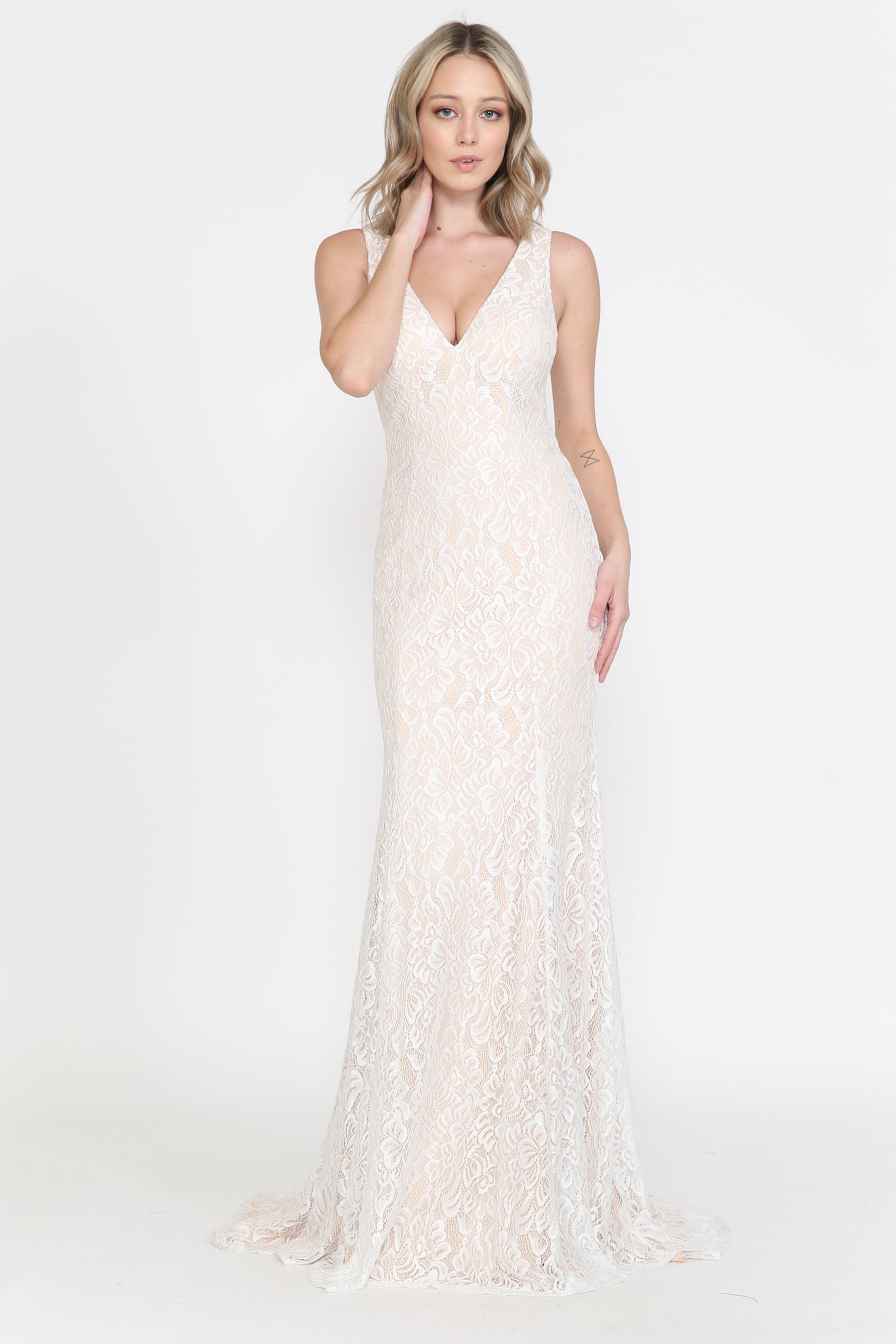 Off White/Nude V Neck Floor Length Lace Wedding Gown with Sweep Train Button Up Back Dress Poly USA 8496