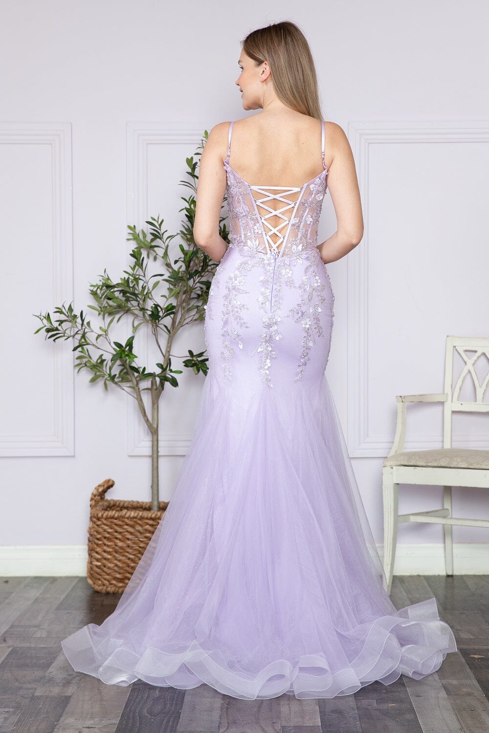 Lavender V Neck Floor Length Sequin Prom Dress with Sweep Train Formal Gown Poly USA 9374