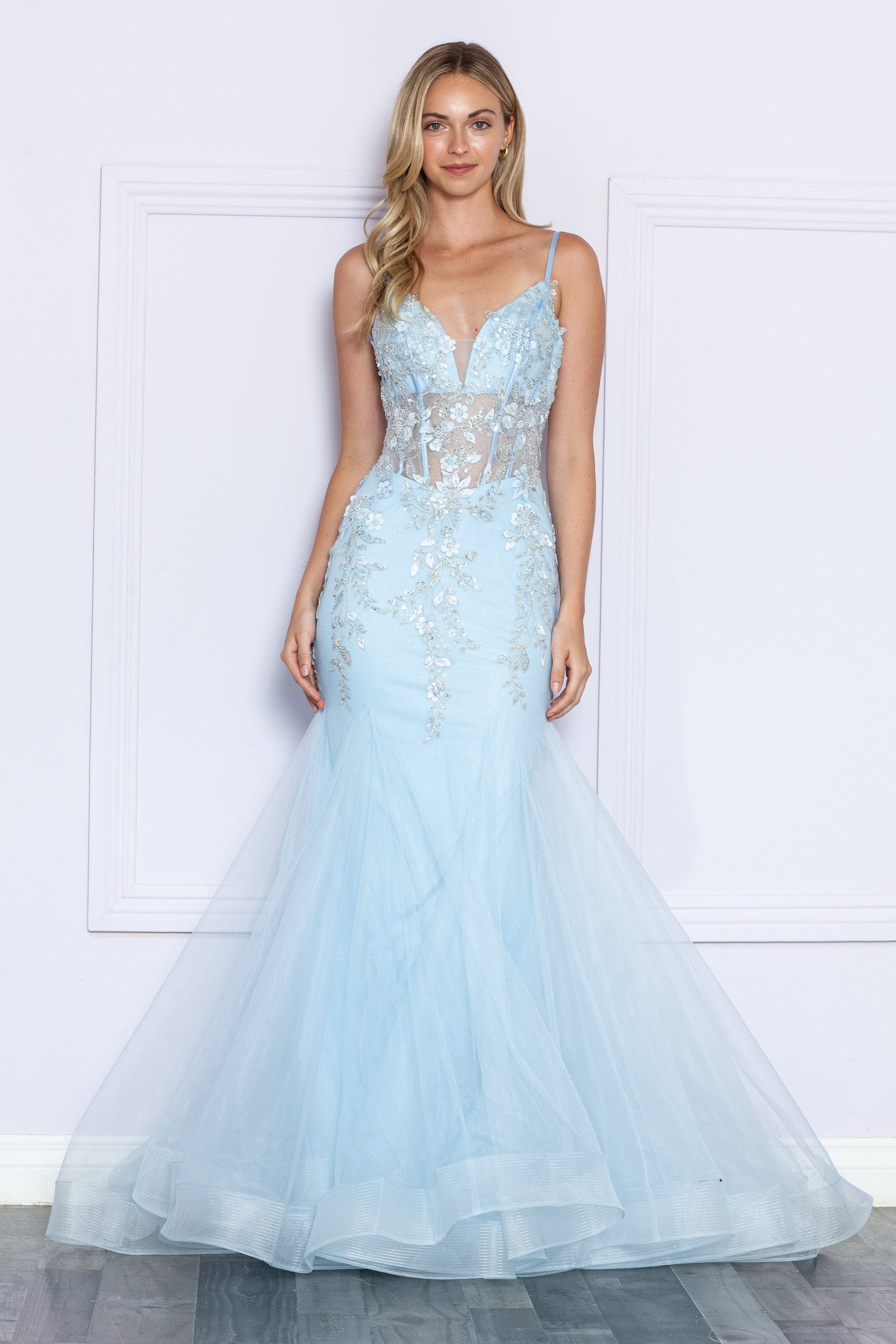 Blue V Neck Floor Length Sequin Prom Dress with Sweep Train Formal Gown Poly USA 9374