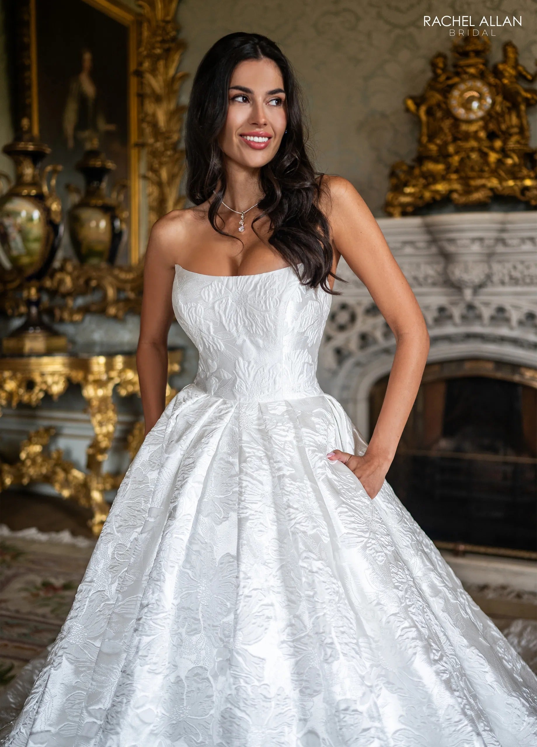 Ivory Strapless Floor-Length Brocade Wedding Dress Ballgown with Pockets Rachel Allan RB3240
