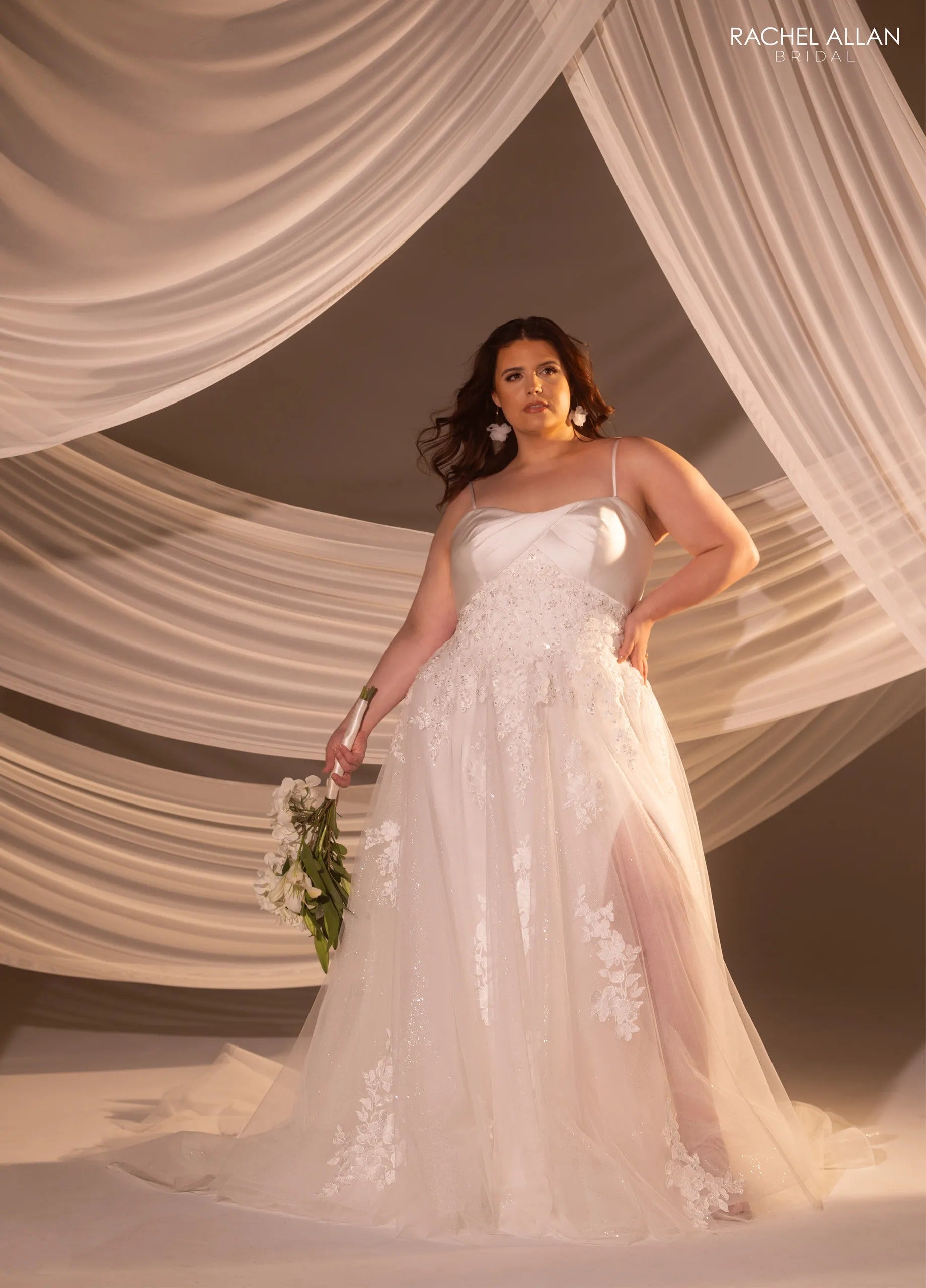 Ivory Off-the-Shoulder Floor-Length Lace Mermaid Wedding Dress with Sheer Bodice Rachel Allan RB3229