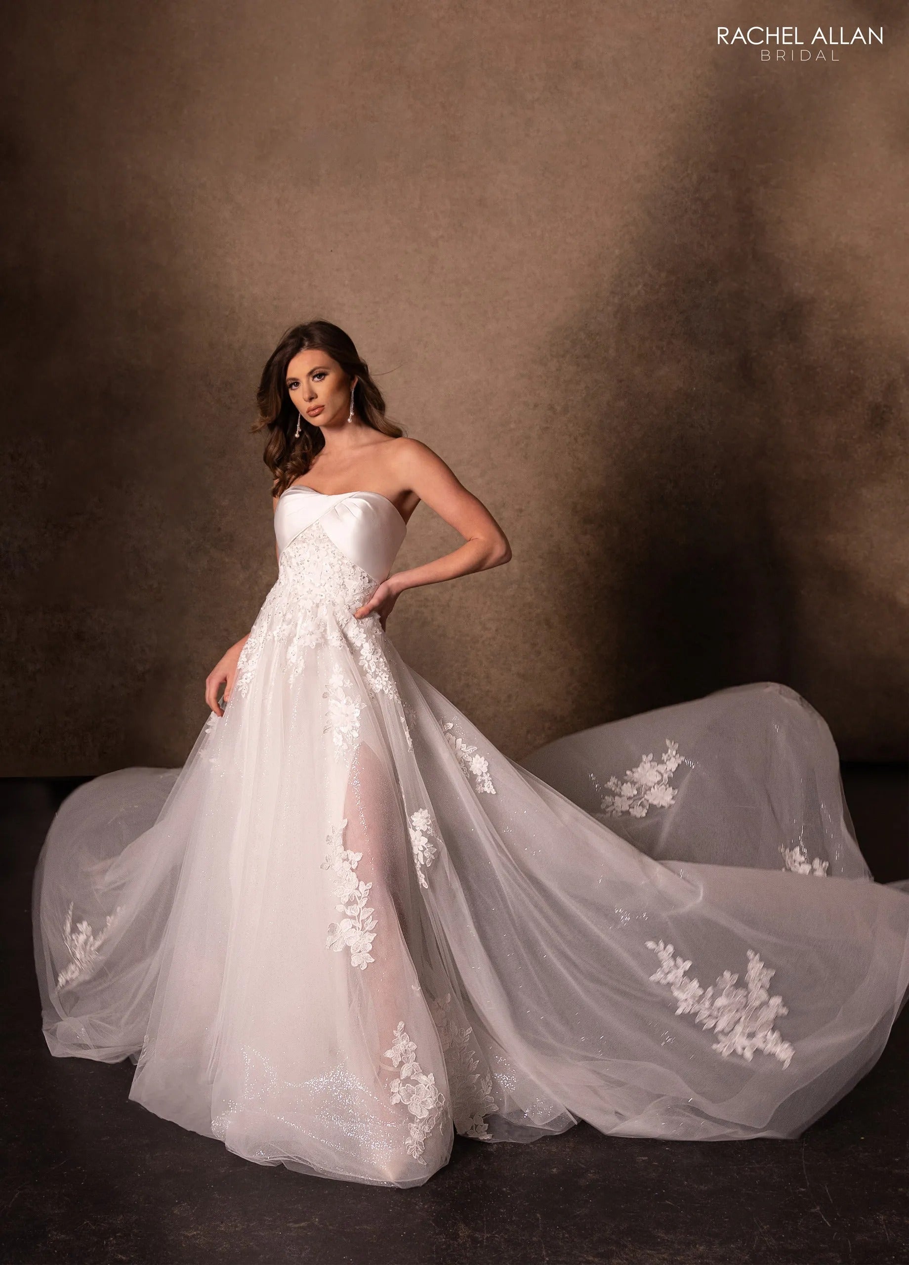 Ivory Off-the-Shoulder Floor-Length Lace Mermaid Wedding Dress with Sheer Bodice Rachel Allan RB3229