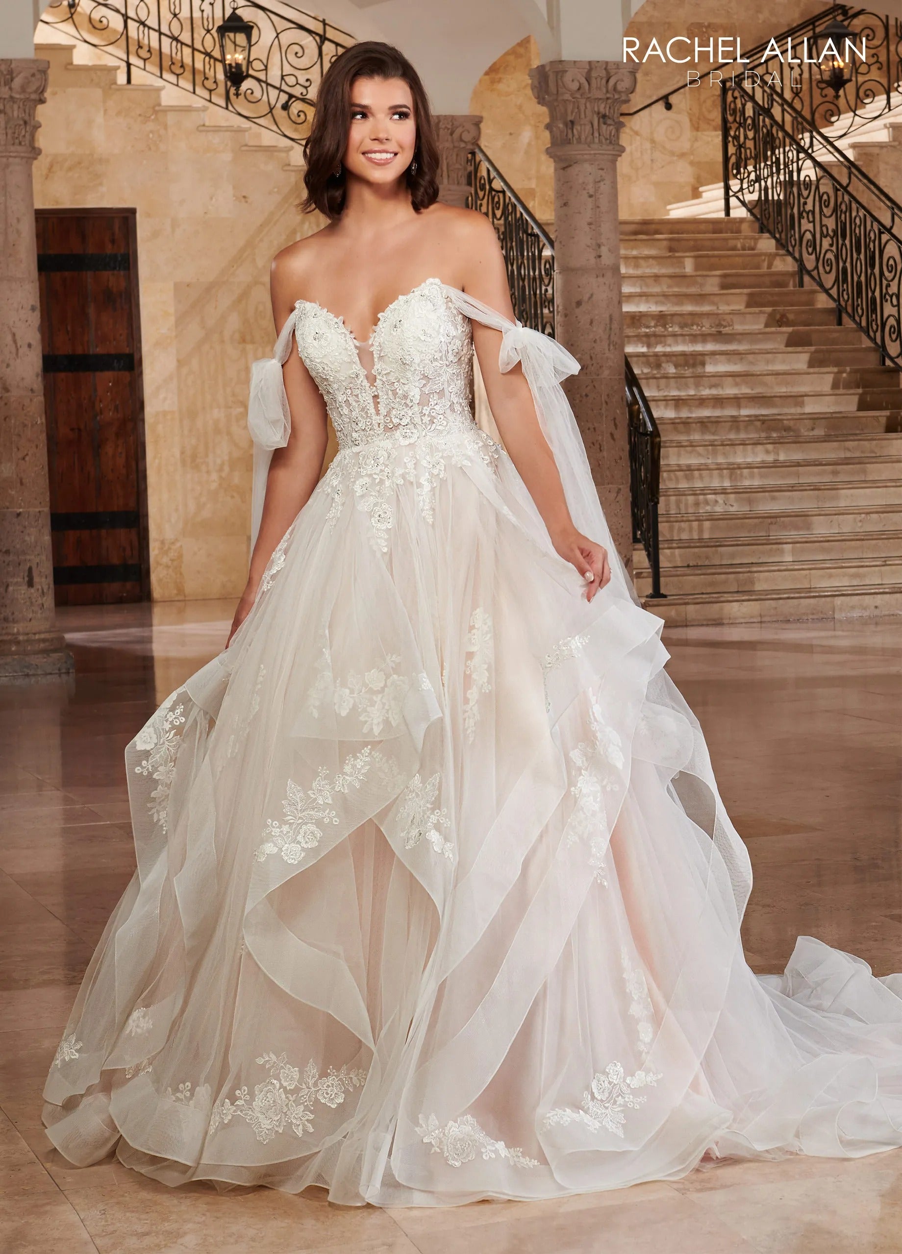 Ivory Blush Sweetheart Floor-Length Tulle Ruffled Ball Gown with Horsehair Hem Rachel Allan RB3163