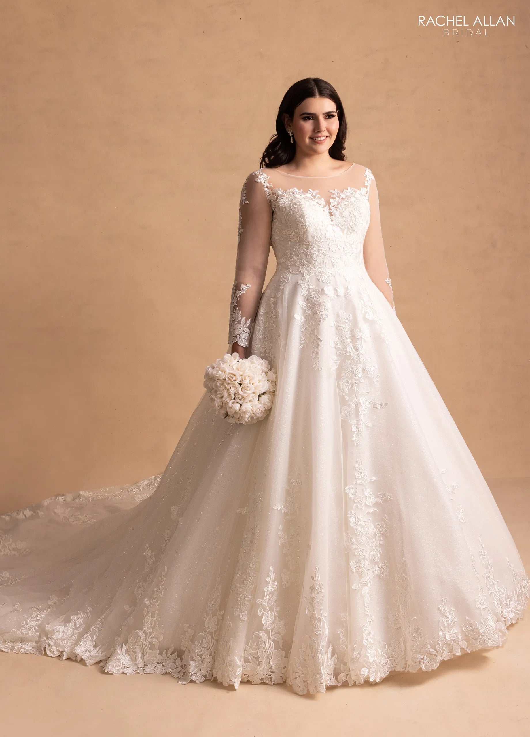 Ivory Nude Illusion Neck Floor-Length Tulle Bridal Ball Gown with Lace Appliqué Rachel Allan MB3079