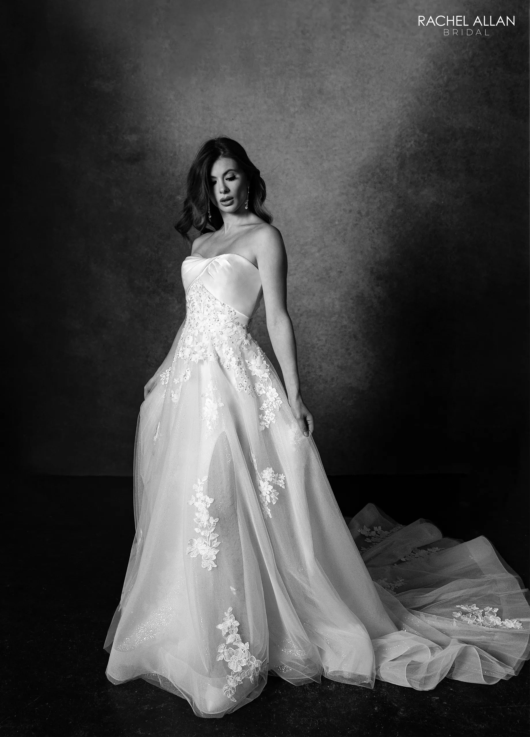 Ivory Off-the-Shoulder Floor-Length Lace Mermaid Wedding Dress with Sheer Bodice Rachel Allan RB3229