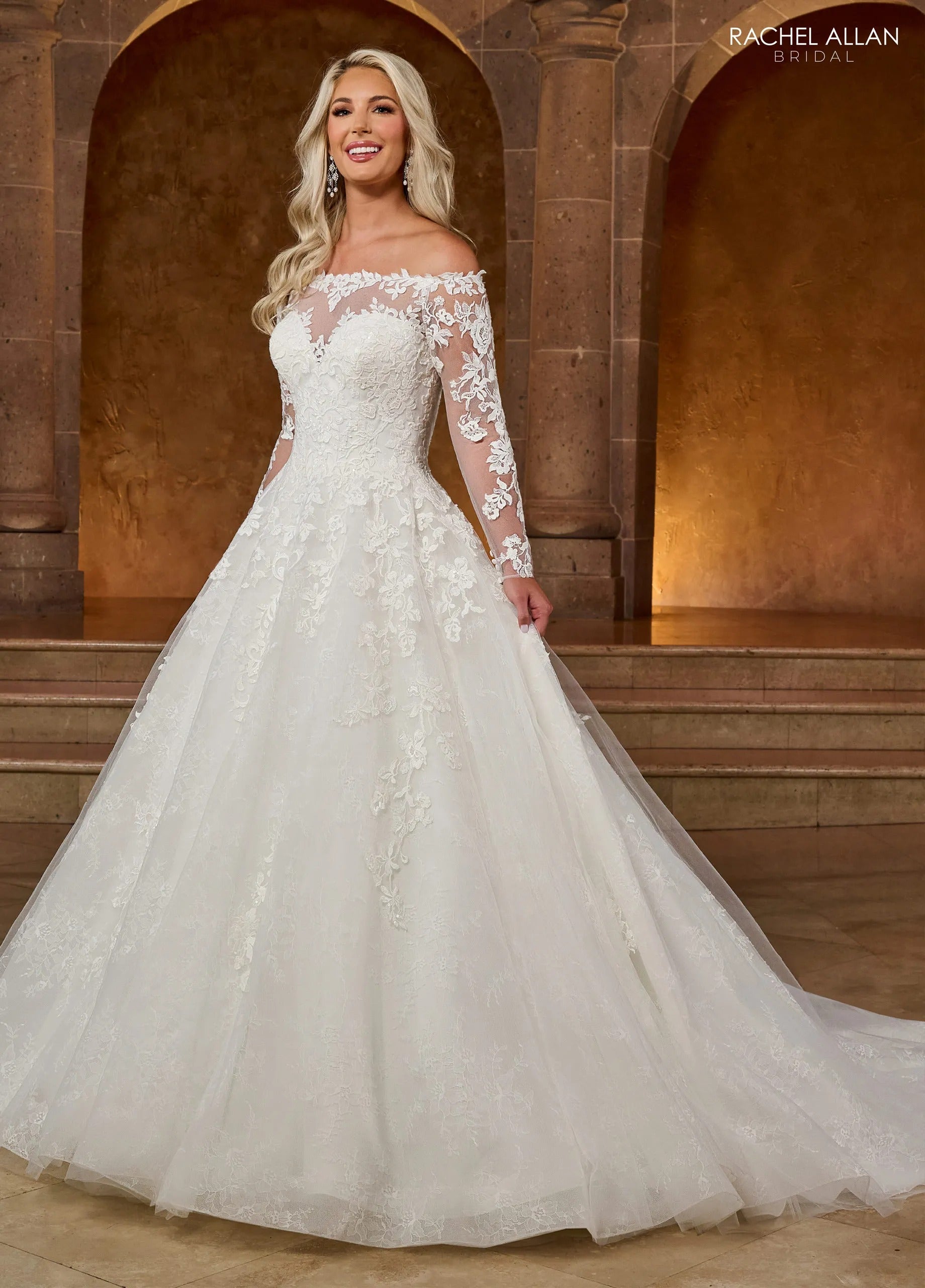 Ivory Off-the-Shoulder Floor-Length Tulle Ball Gown with Semi-Cathedral Train Rachel Allan RB3196