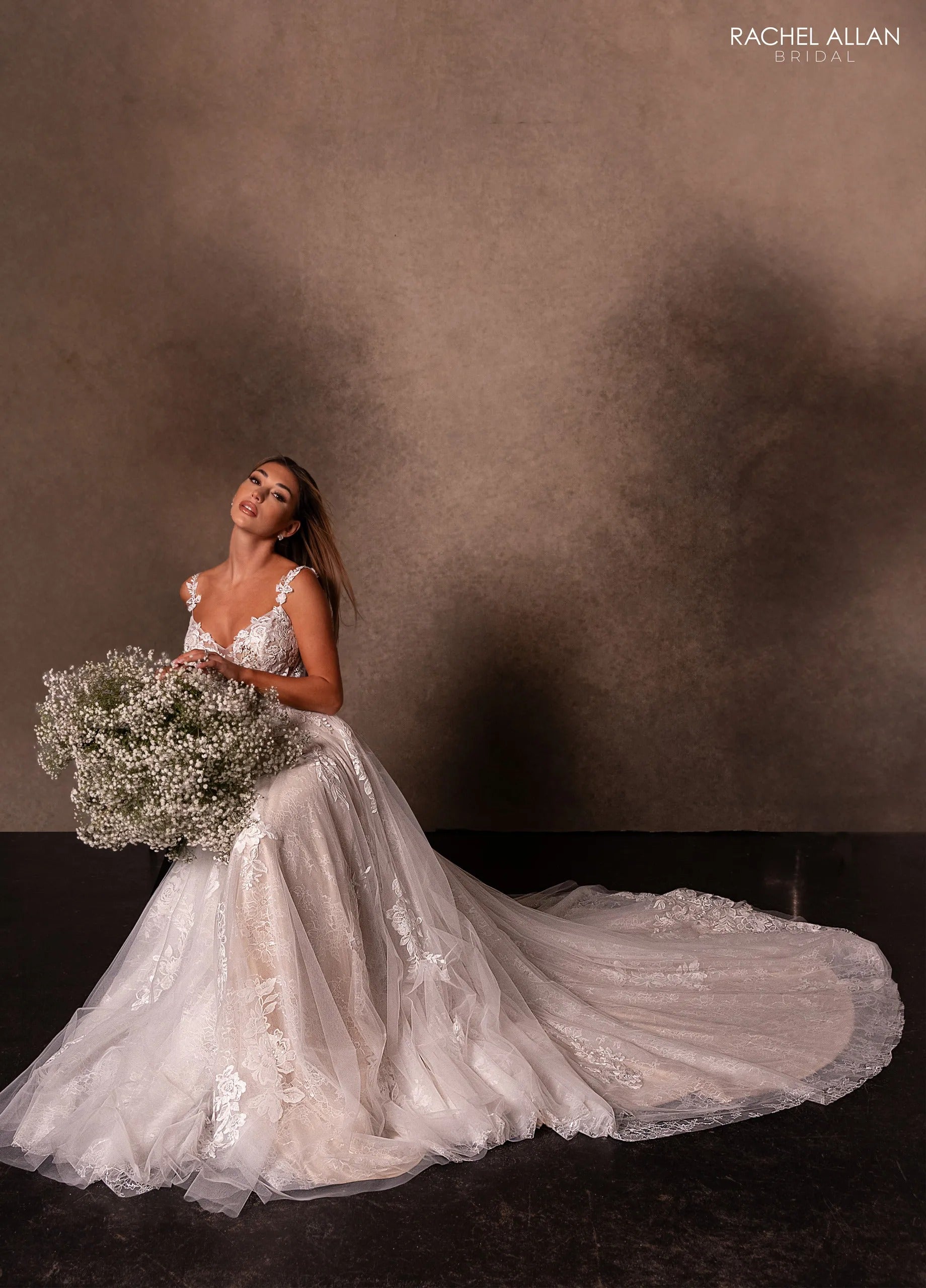 Ivory Deep Champagne V-Neck Floor-Length Tulle A-Line Wedding Gown with Detachable Liner Rachel Allan RB3231