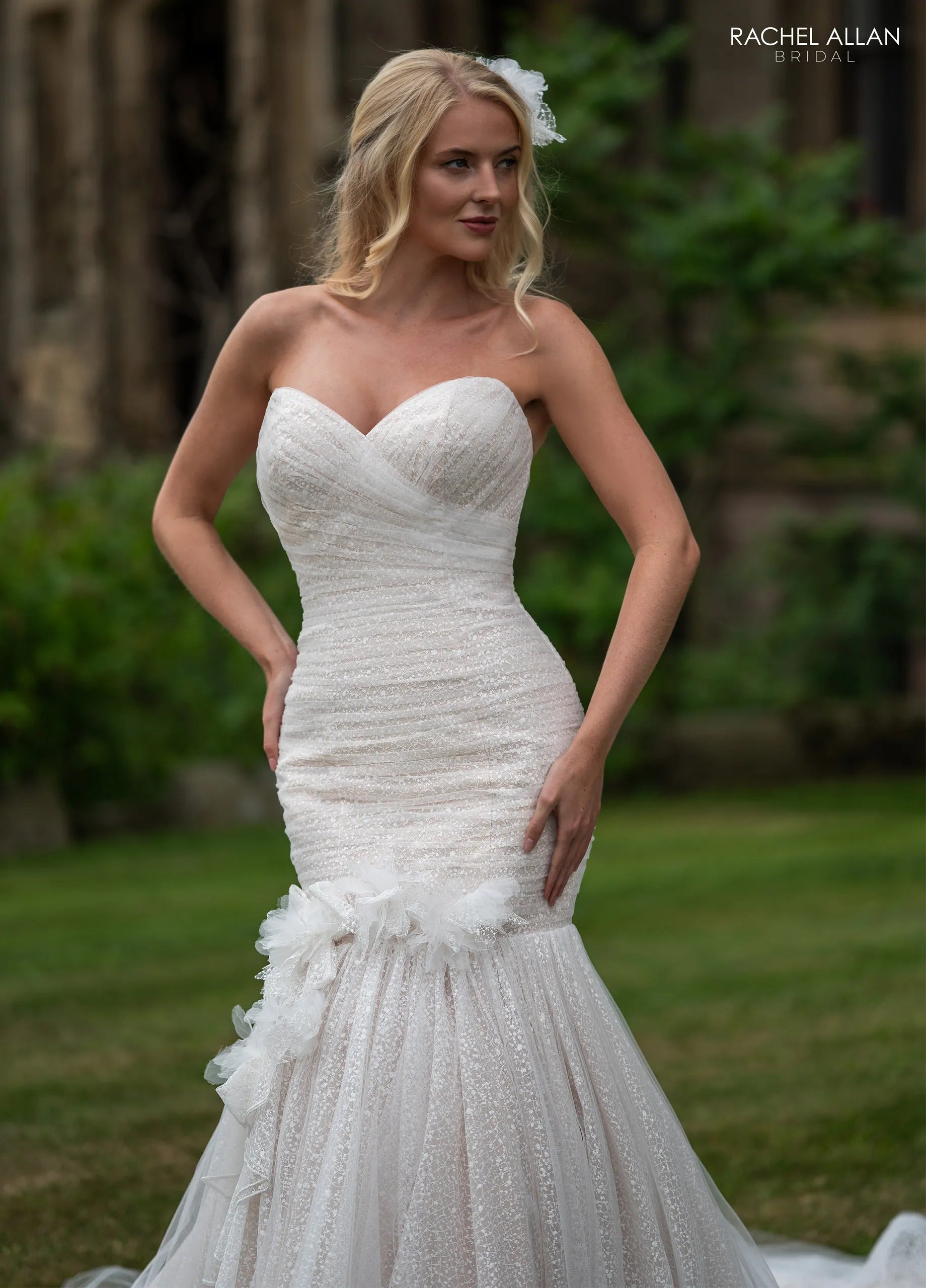 Ivory Champagne Nude Plunging V-Neck Floor-Length Glitter Tulle Wedding Dress with Floral Applique Rachel Allan RB3242