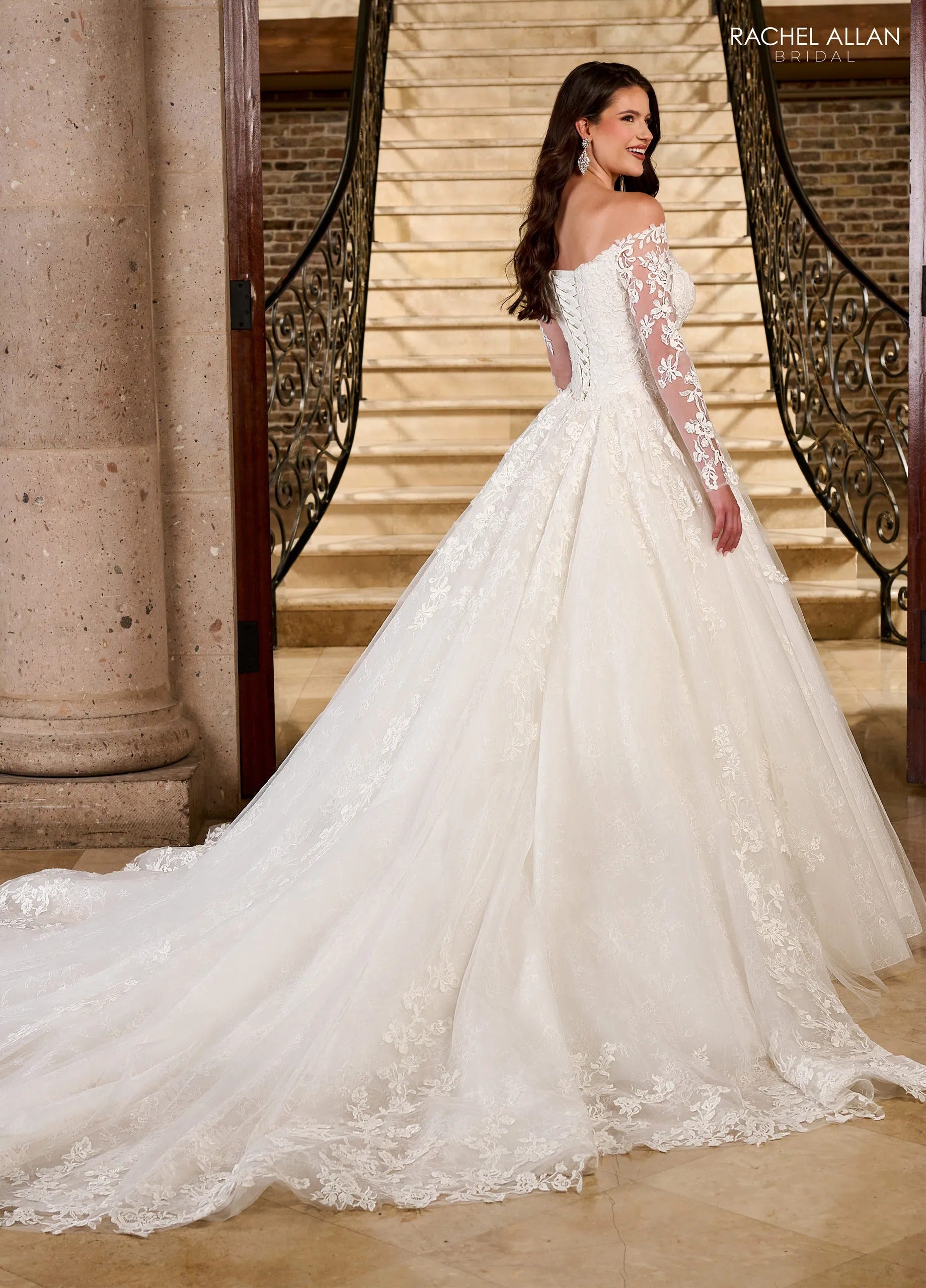 Ivory Off-the-Shoulder Floor-Length Tulle Ball Gown with Semi-Cathedral Train Rachel Allan RB3196