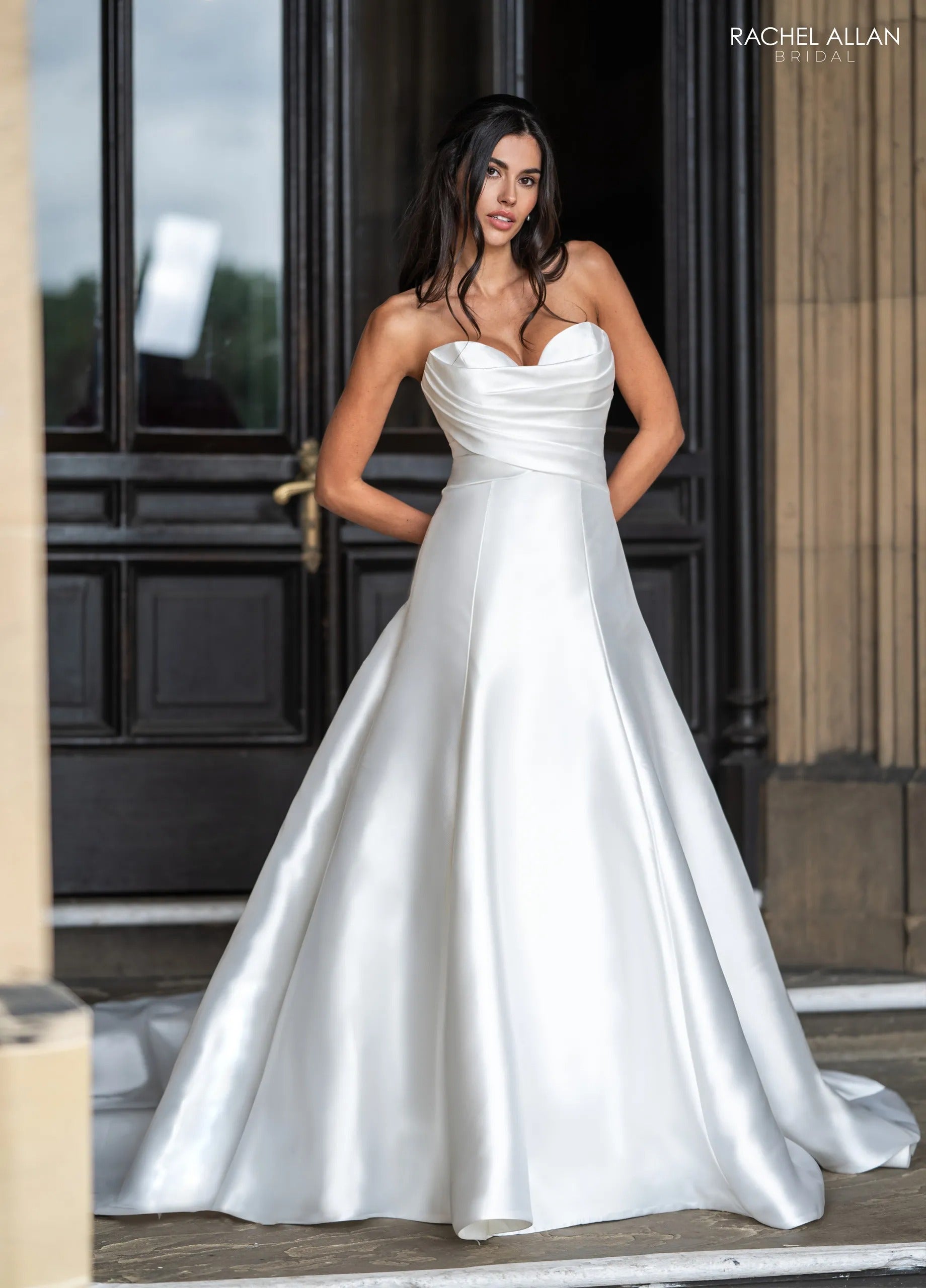 Ivory Sweetheart Floor-Length Mikado Wedding Dress Ballgown with Detachable Bow Rachel Allan RB3246