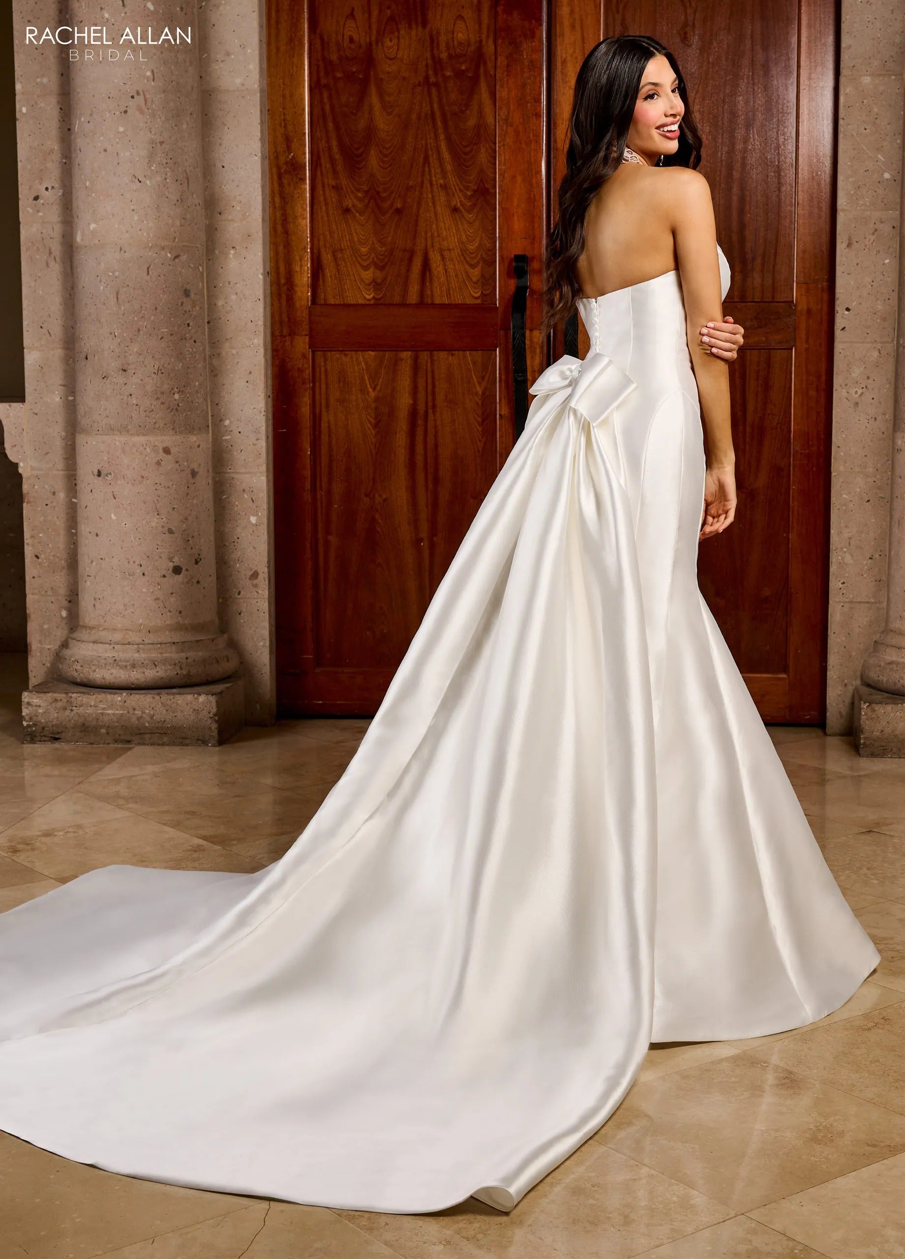 Ivory Off-the-Shoulder Floor-Length Mikado Fit and Flare Wedding Dress with Detachable Train Rachel Allan RB3188