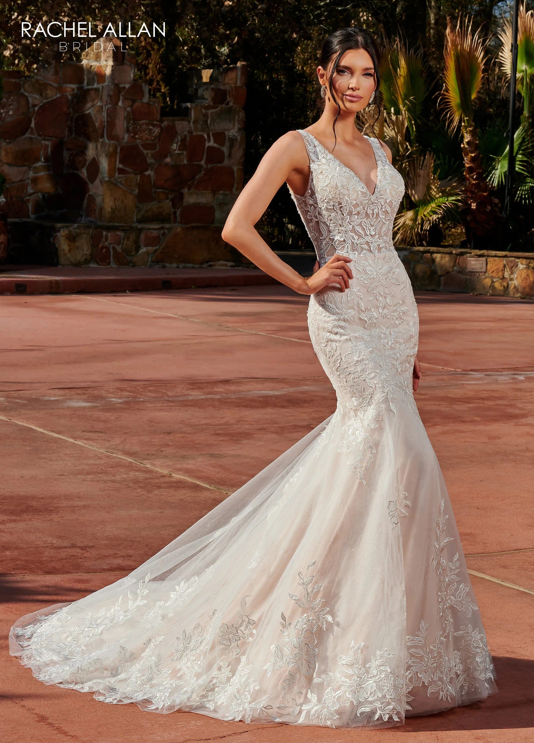 Ivory Champagne V-Neck Floor-Length Glitter Tulle Mermaid Wedding Gown with Scallop Train Rachel Allan RB3168