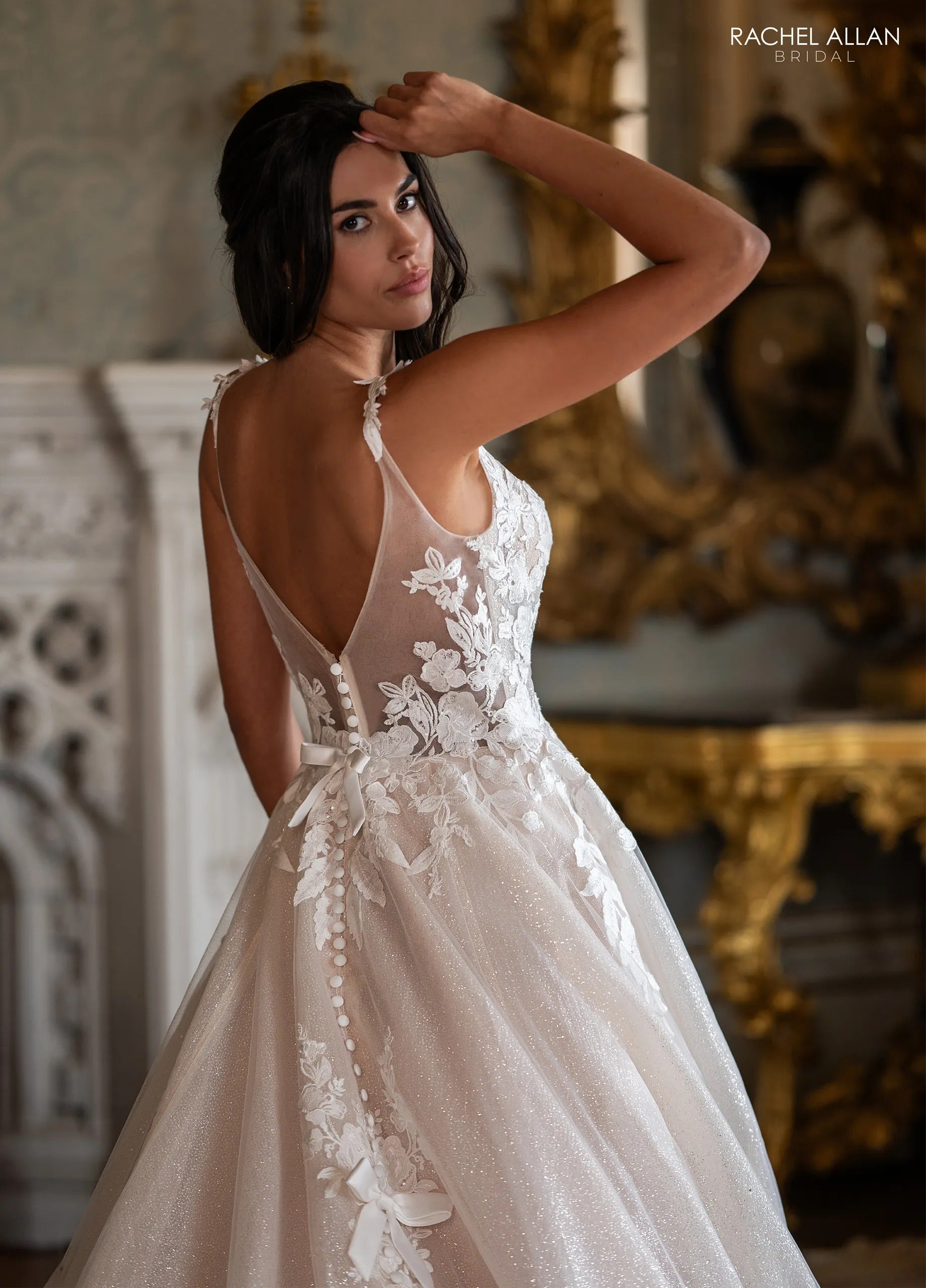 Ivory Champagne Nude Plunging V-Neck Floor-Length Glitter Tulle Wedding Dress with Floral Applique Rachel Allan RB3244