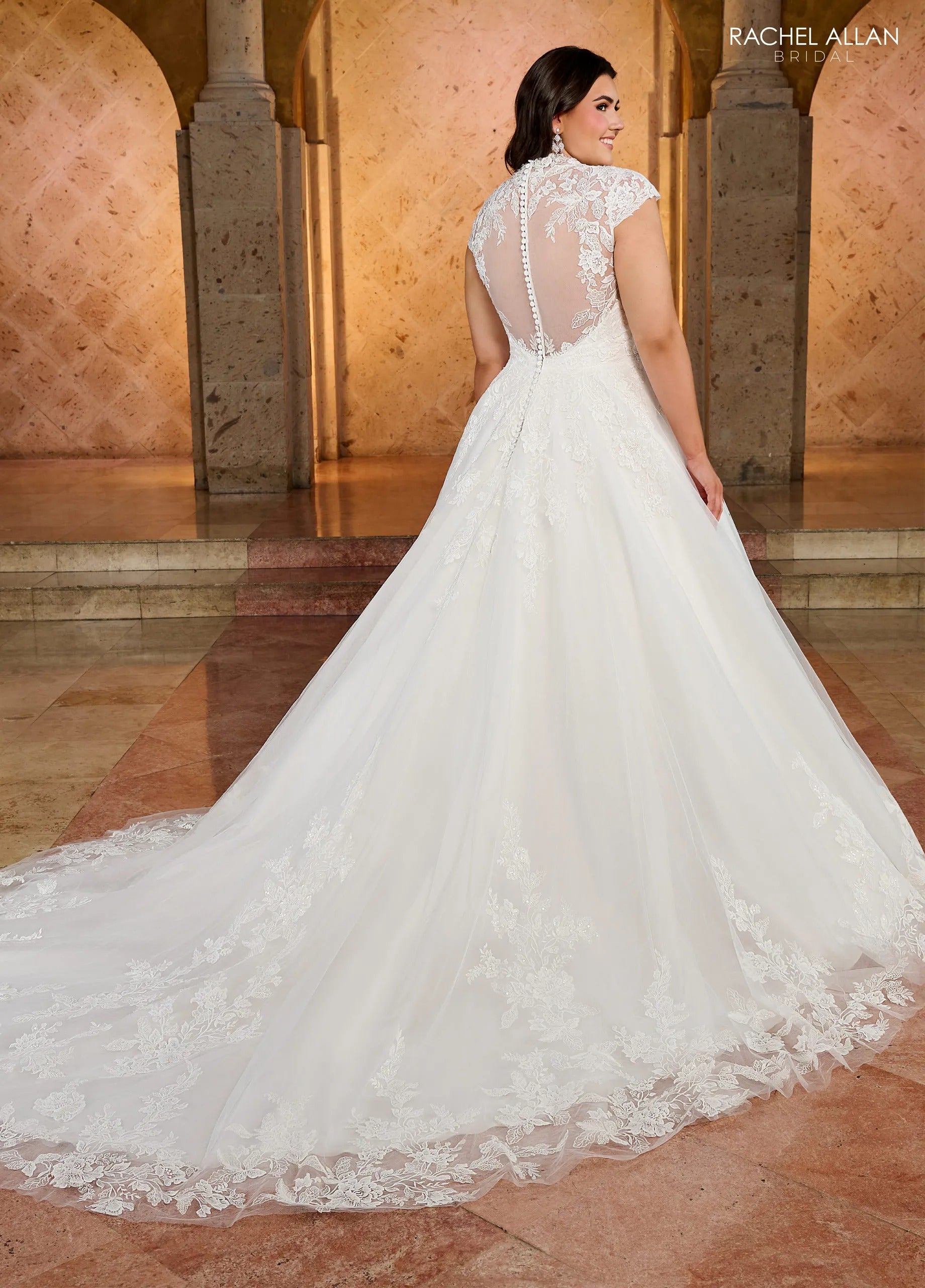 Ivory V-Neck Floor-Length Tulle Ball Gown with Applique Mini Sleeves Rachel Allan RB3193