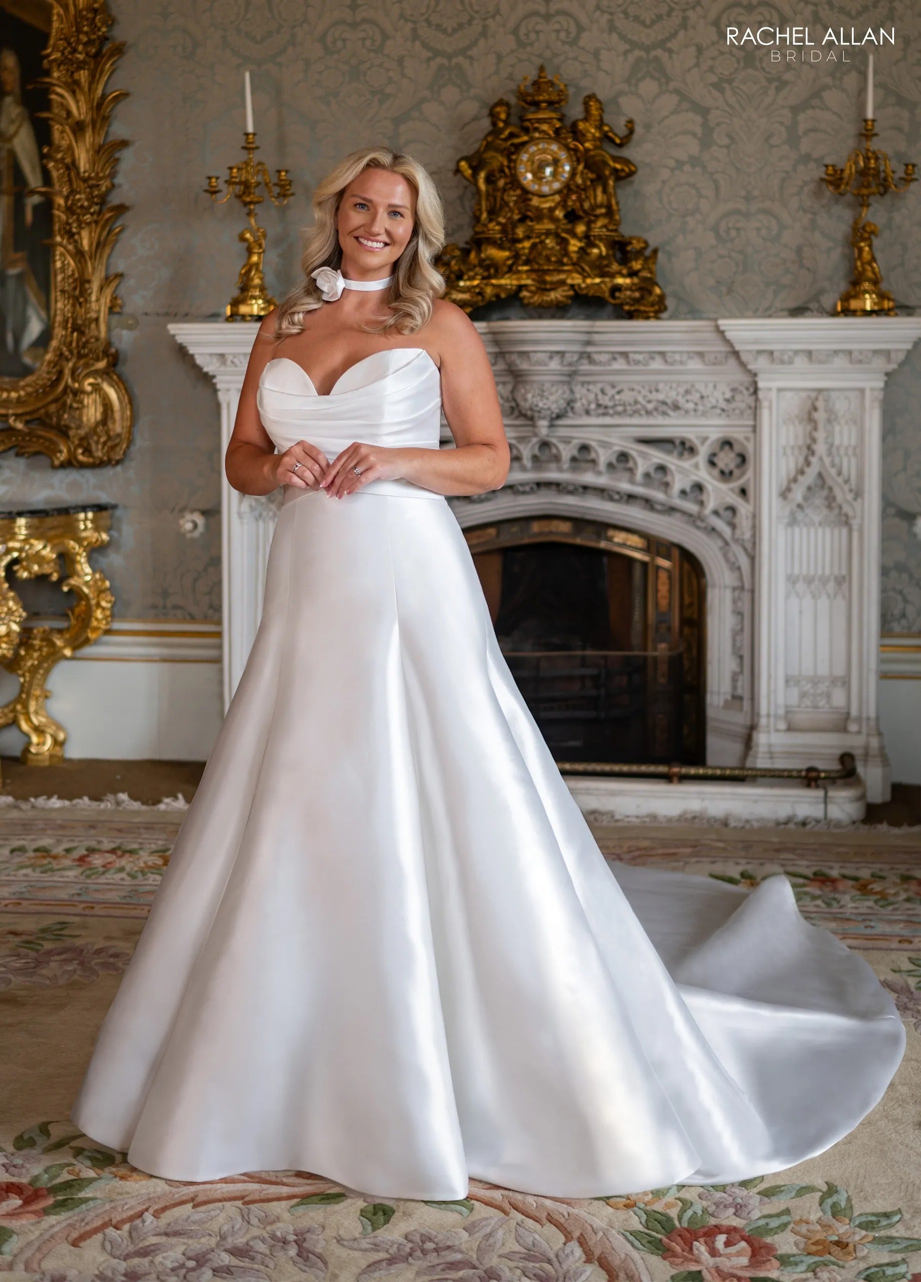 Ivory Sweetheart Floor-Length Mikado Wedding Dress Ballgown with Detachable Bow Rachel Allan RB3246