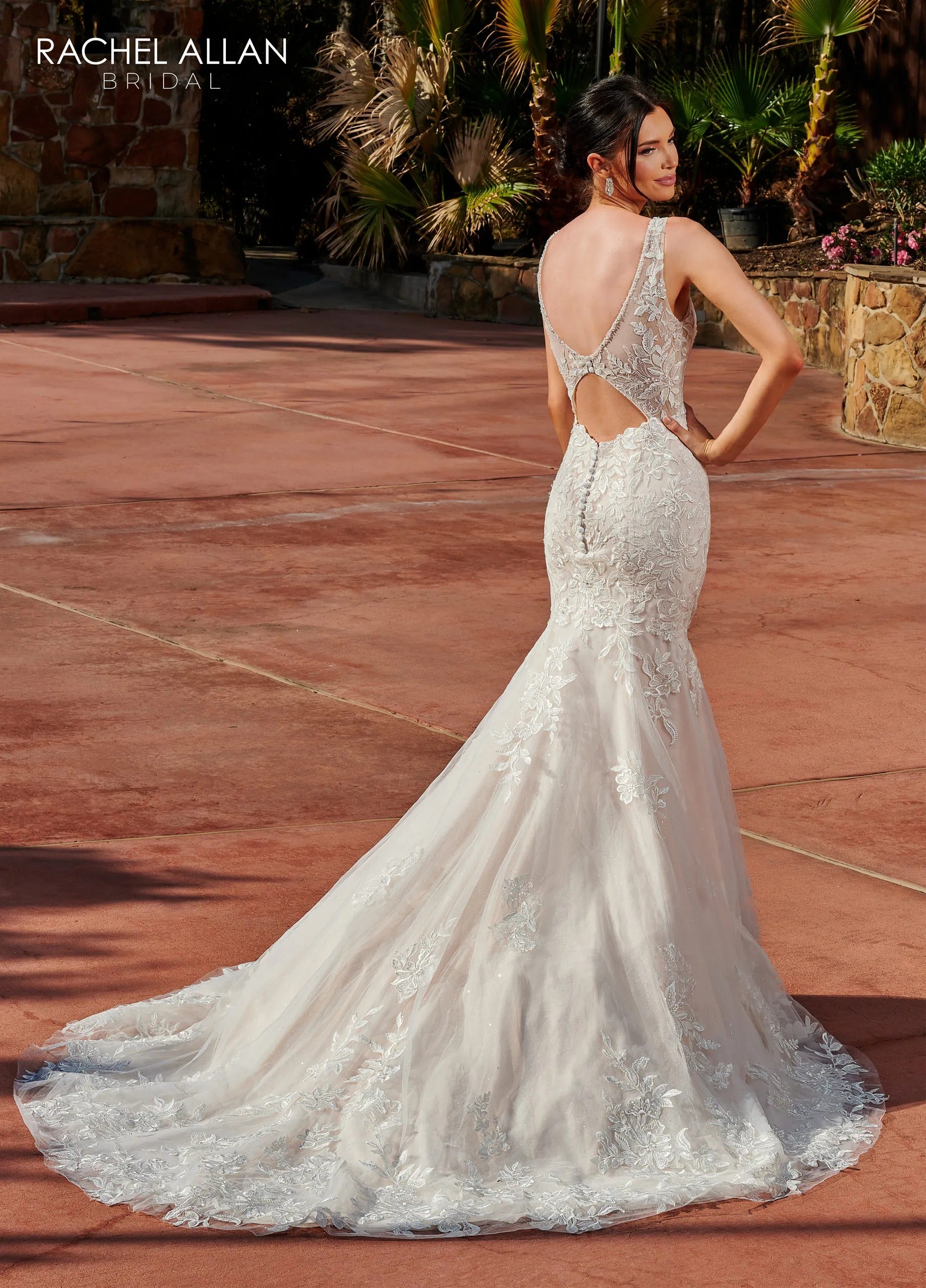Ivory Champagne V-Neck Floor-Length Glitter Tulle Mermaid Wedding Gown with Scallop Train Rachel Allan RB3168