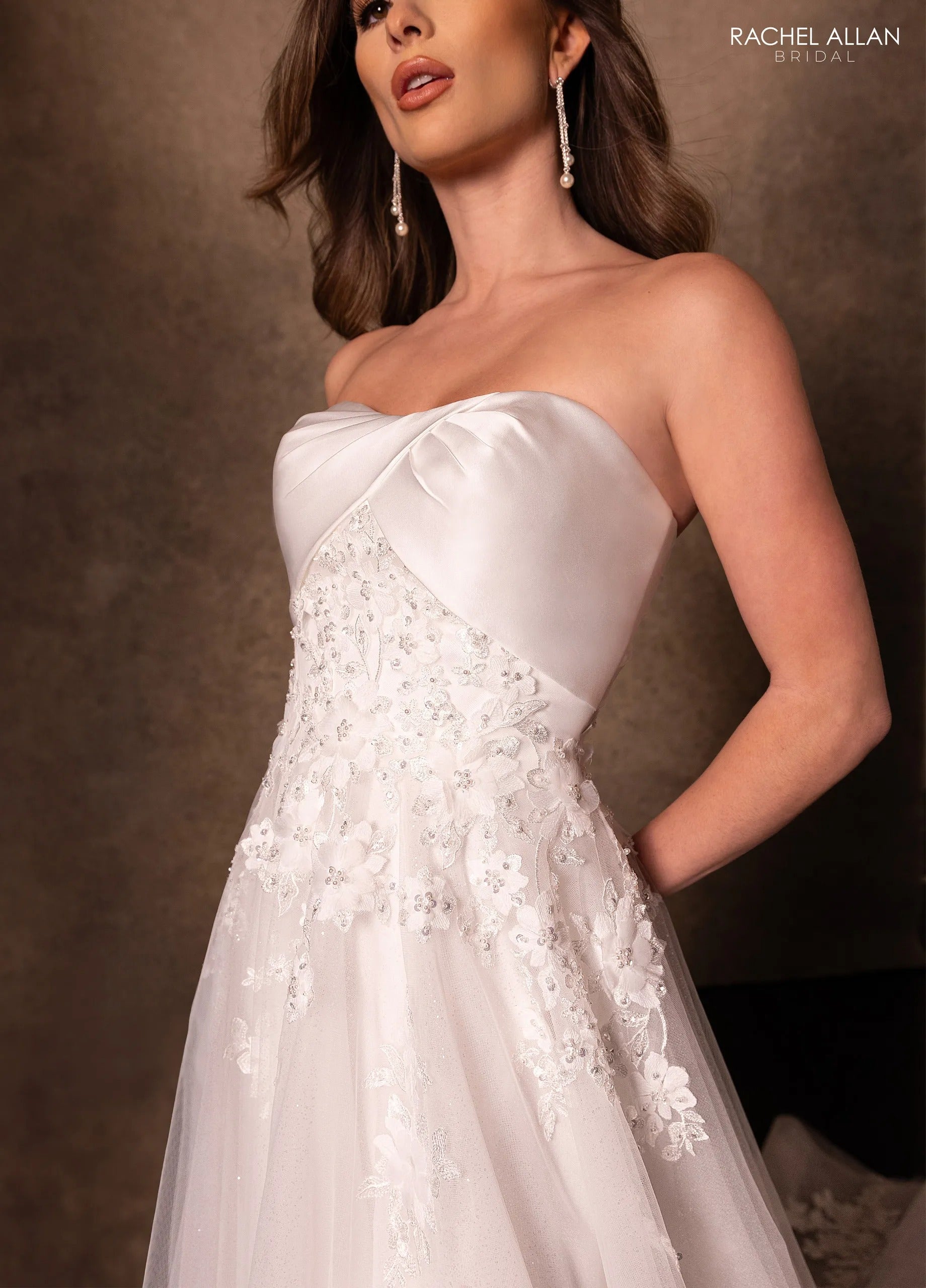 Ivory Off-the-Shoulder Floor-Length Lace Mermaid Wedding Dress with Sheer Bodice Rachel Allan RB3229