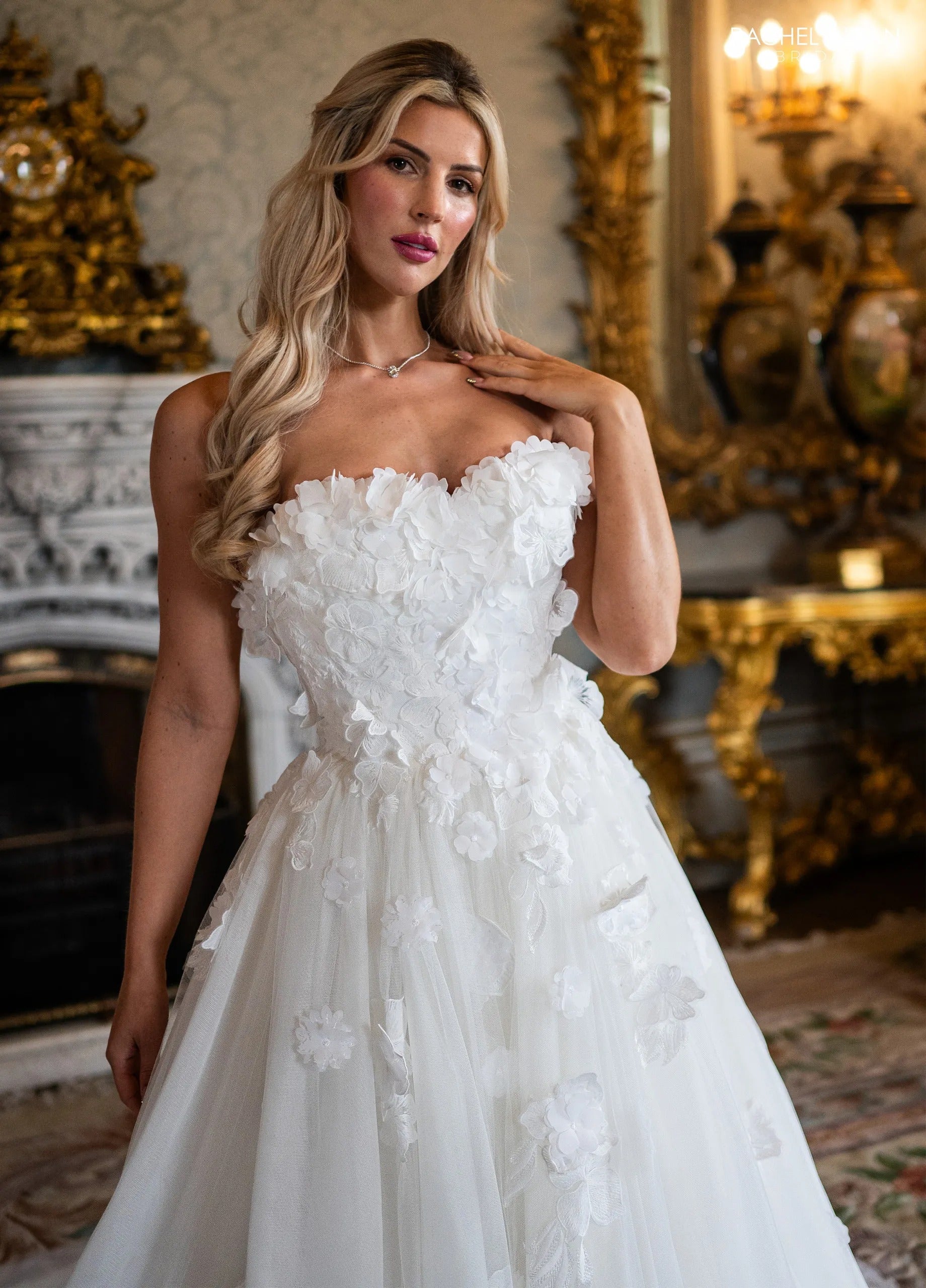 Ivory Strapless Floor-Length Airy Net Wedding Dress Ballgown with 3D Floral Appliqué Rachel Allan RB3252