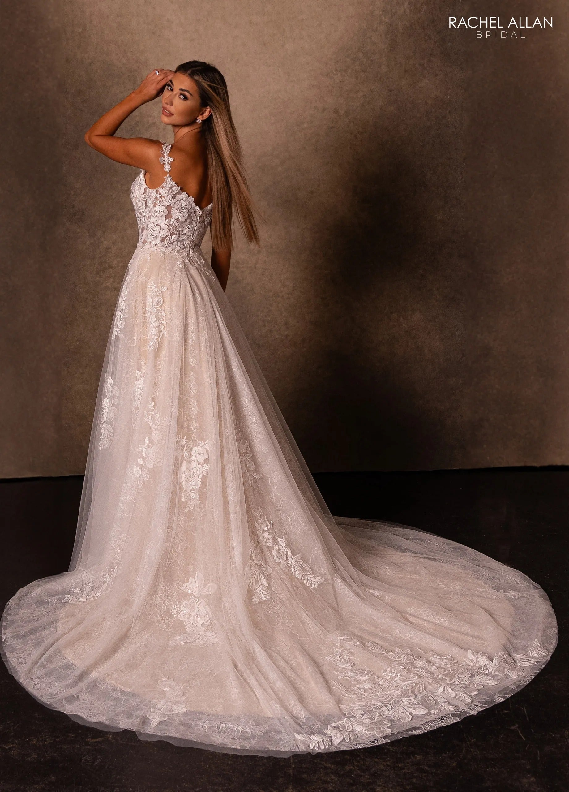 Ivory Deep Champagne V-Neck Floor-Length Tulle A-Line Wedding Gown with Detachable Liner Rachel Allan RB3231